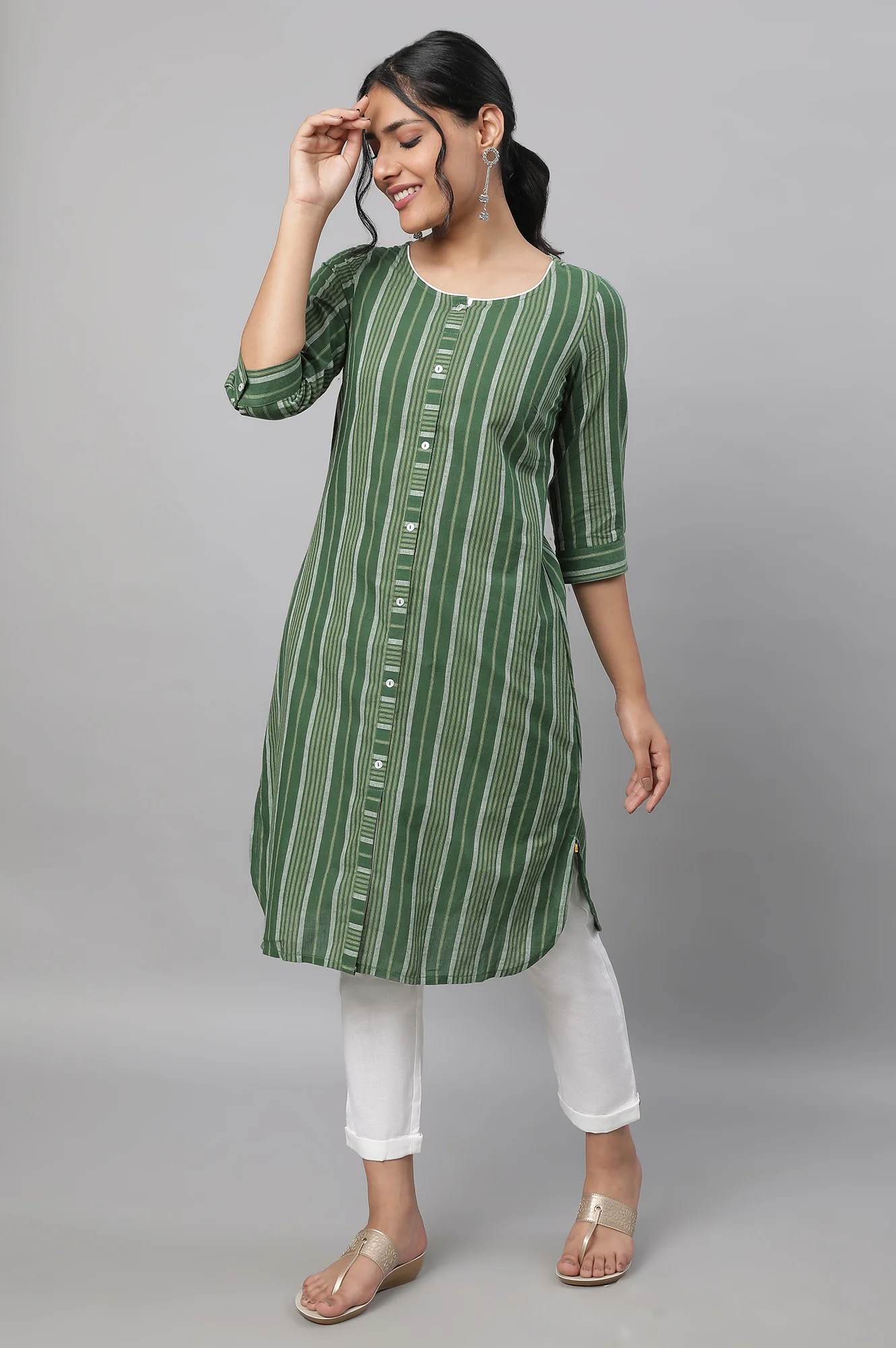 Green Stripe Print Cotton kurta & Trousers Set - Image 5