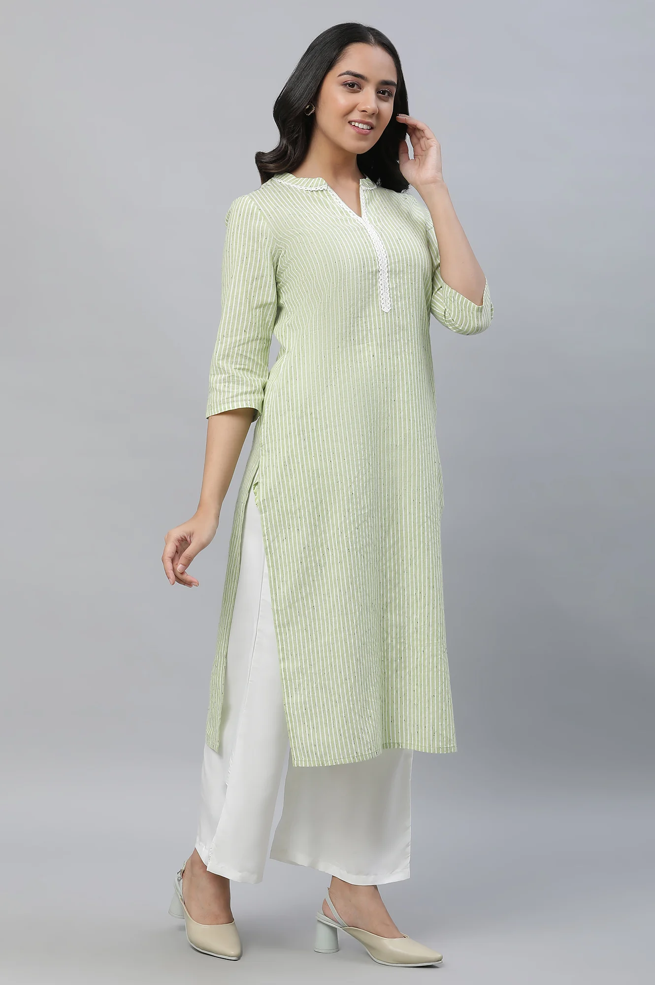 Green Stripe Print Kurta - Image 5