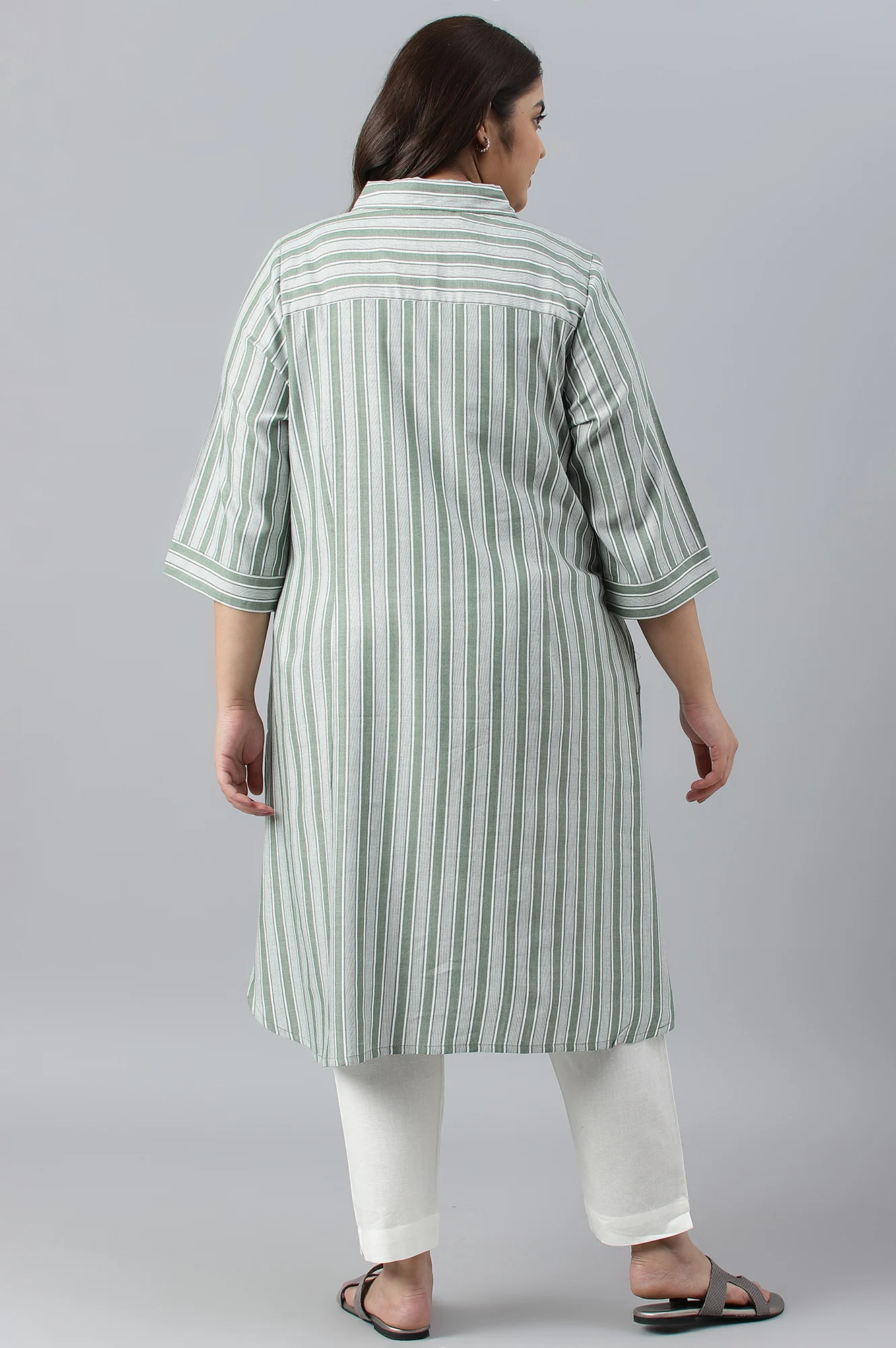 Green Stripe Print Plus Size Shirt Collar kurta - Image 2