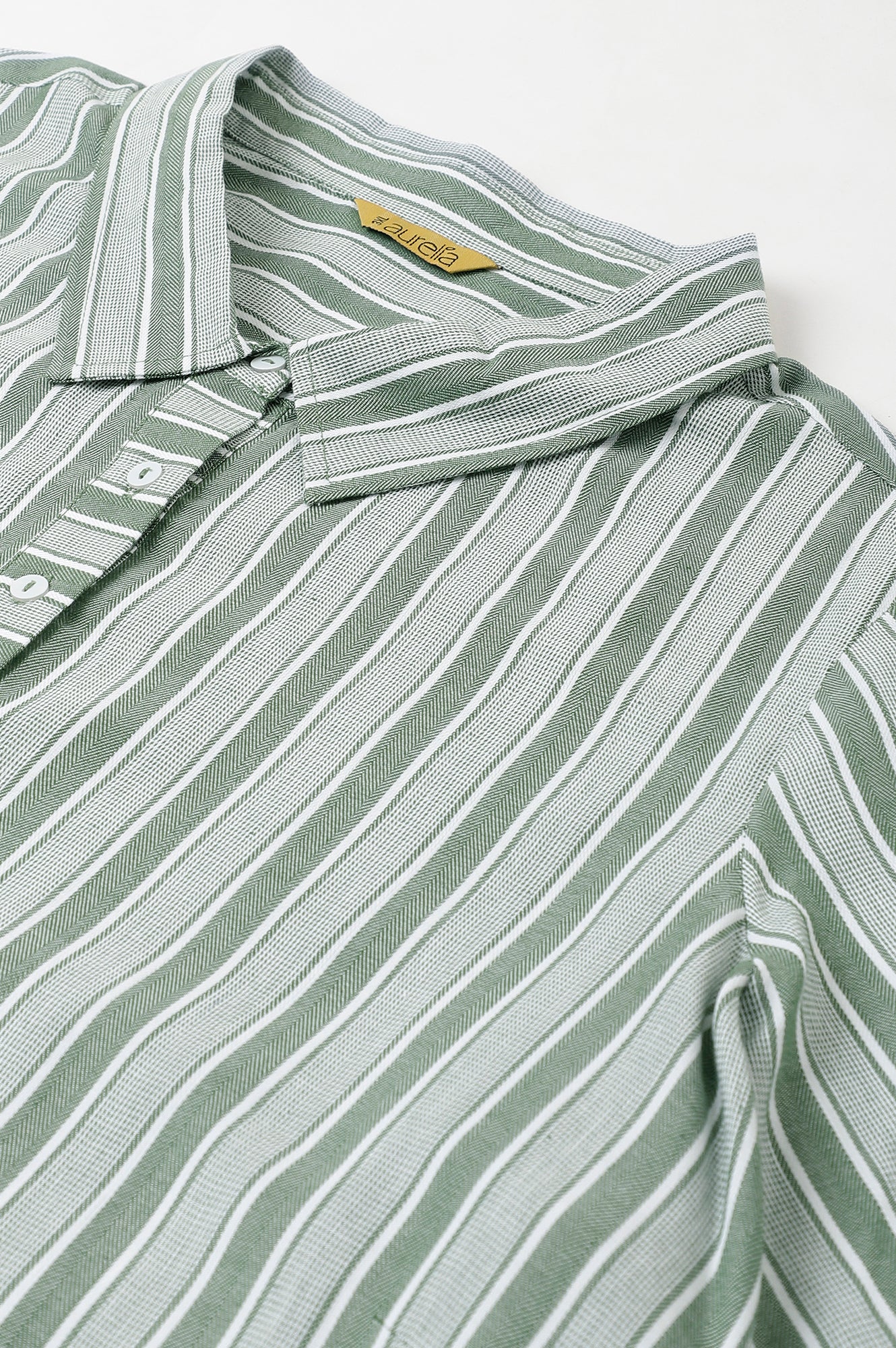Green Stripe Print Plus Size Shirt Collar kurta - Image 8