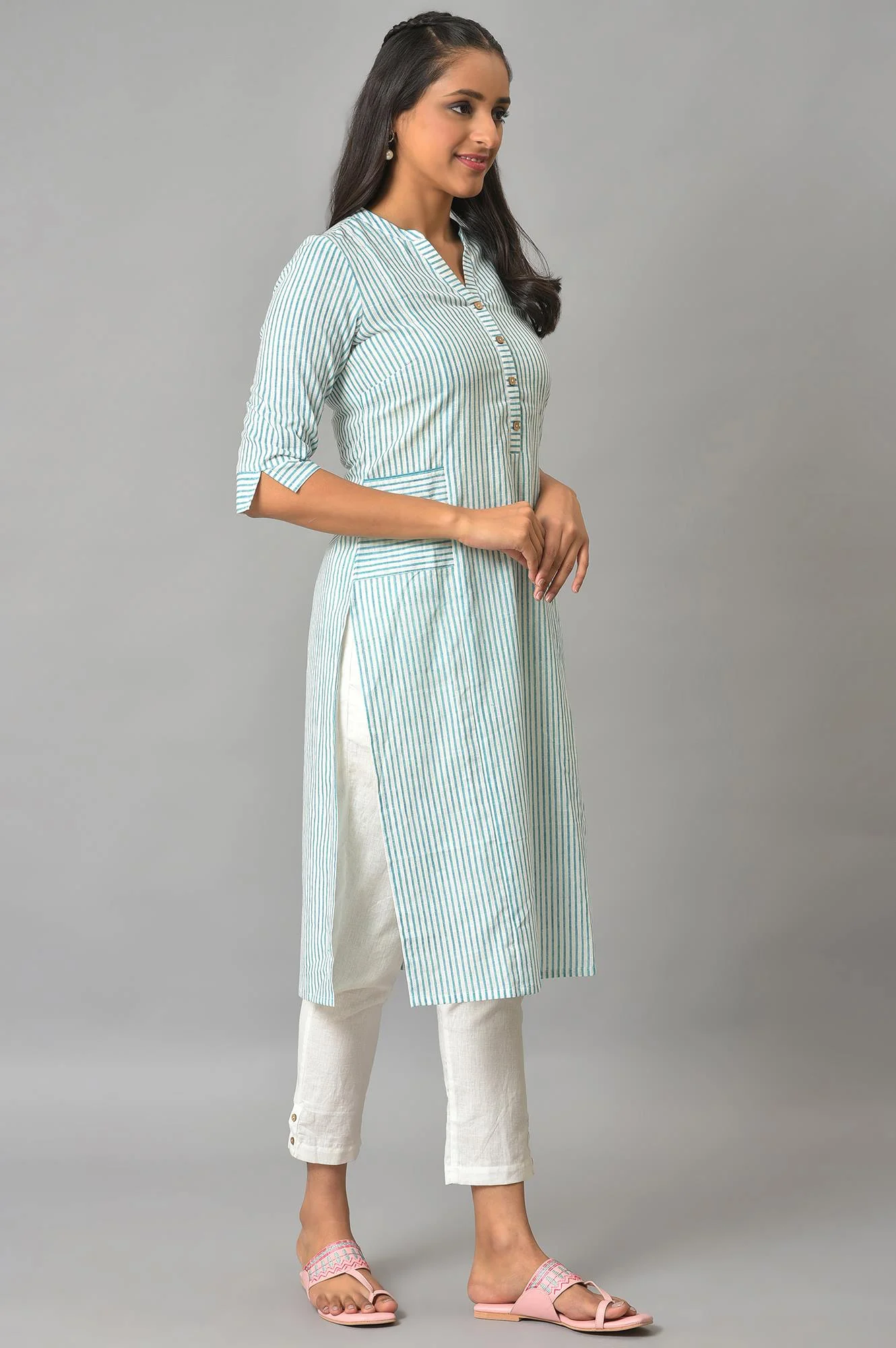 Green Stripe Printed Straight kurta - Image 4