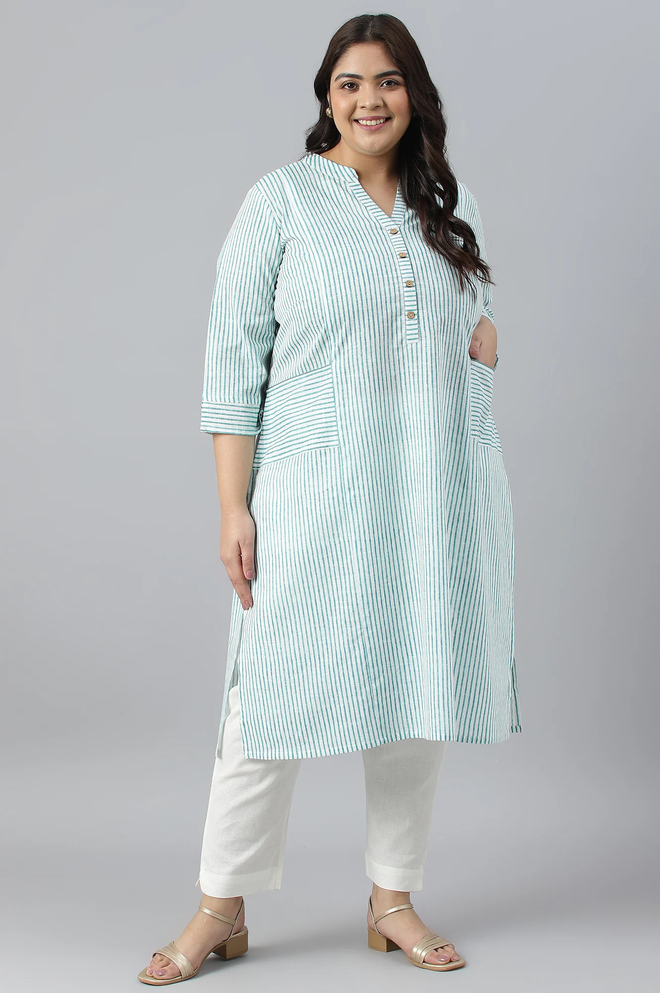 Green Stripe Printed Straight Plus Size kurta - Image 7