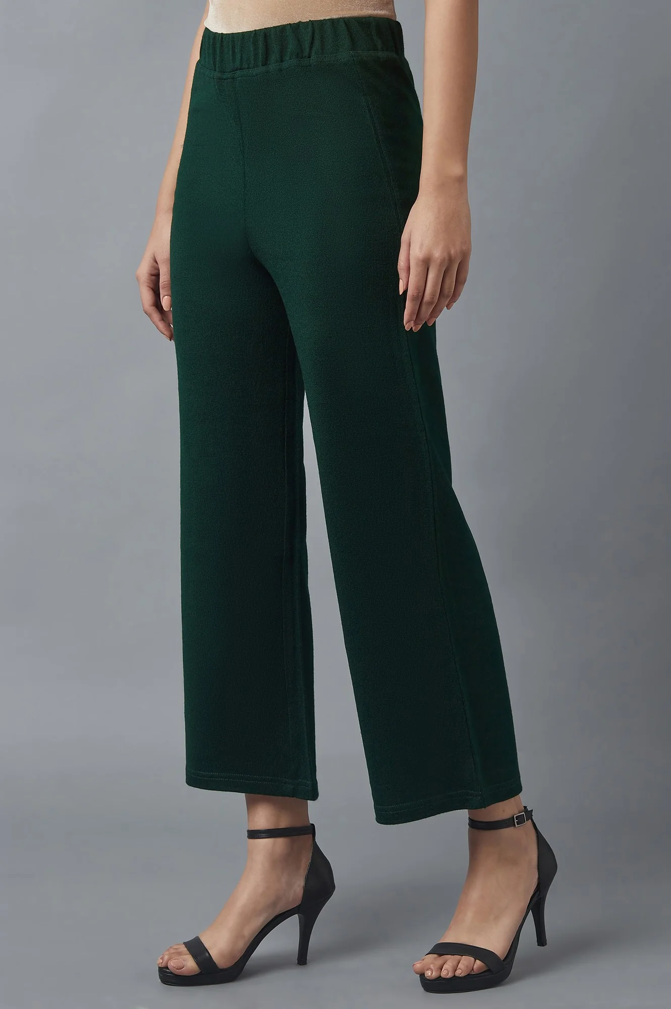 Green Solid Straight Fit Palazzo With Elasticated Waist - Image 3