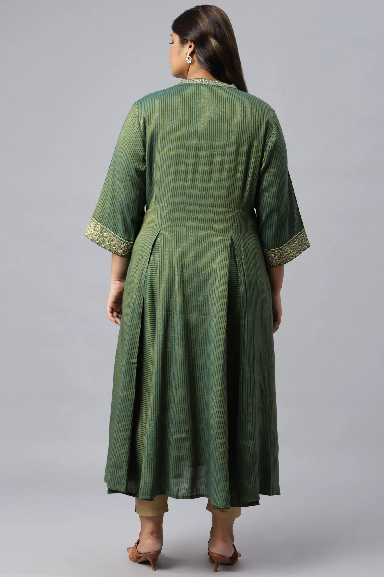 Green Yarn-Dyed Stripe Print Plus Size Dress - Image 2