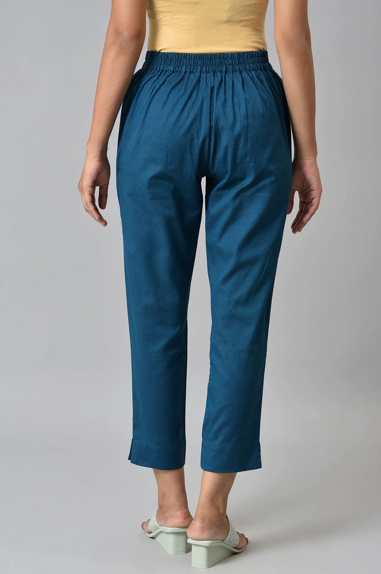 Green Yellow Cotton Flax Women Trousers - Image 2