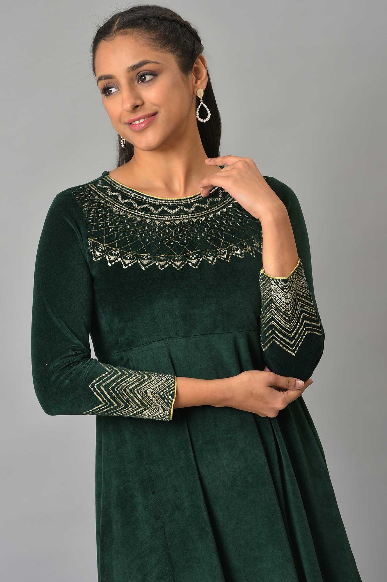 Green Zari Embroidered Long Dress - Image 10