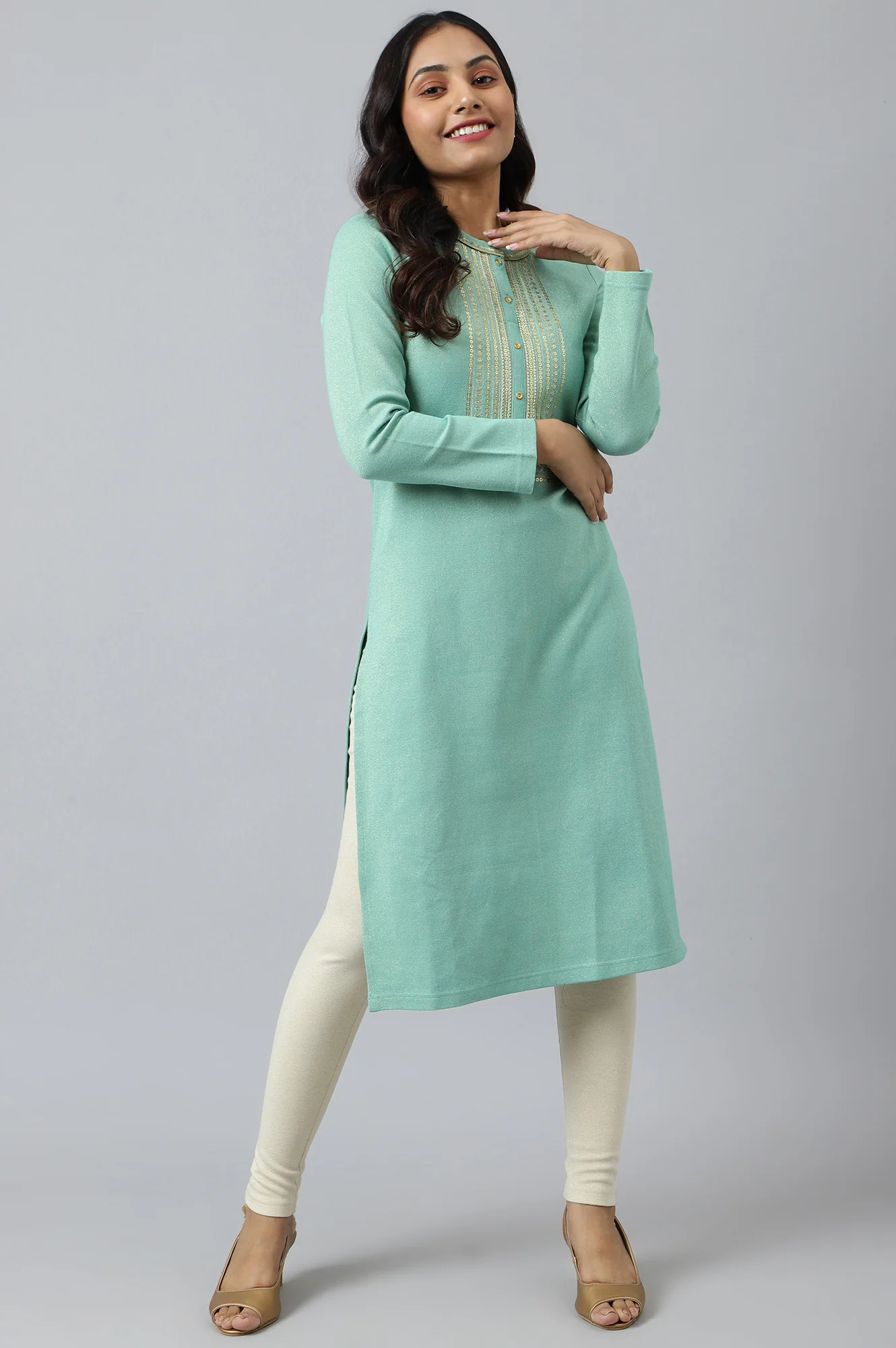 Green Zari Embroidered Winter kurta - Image 5