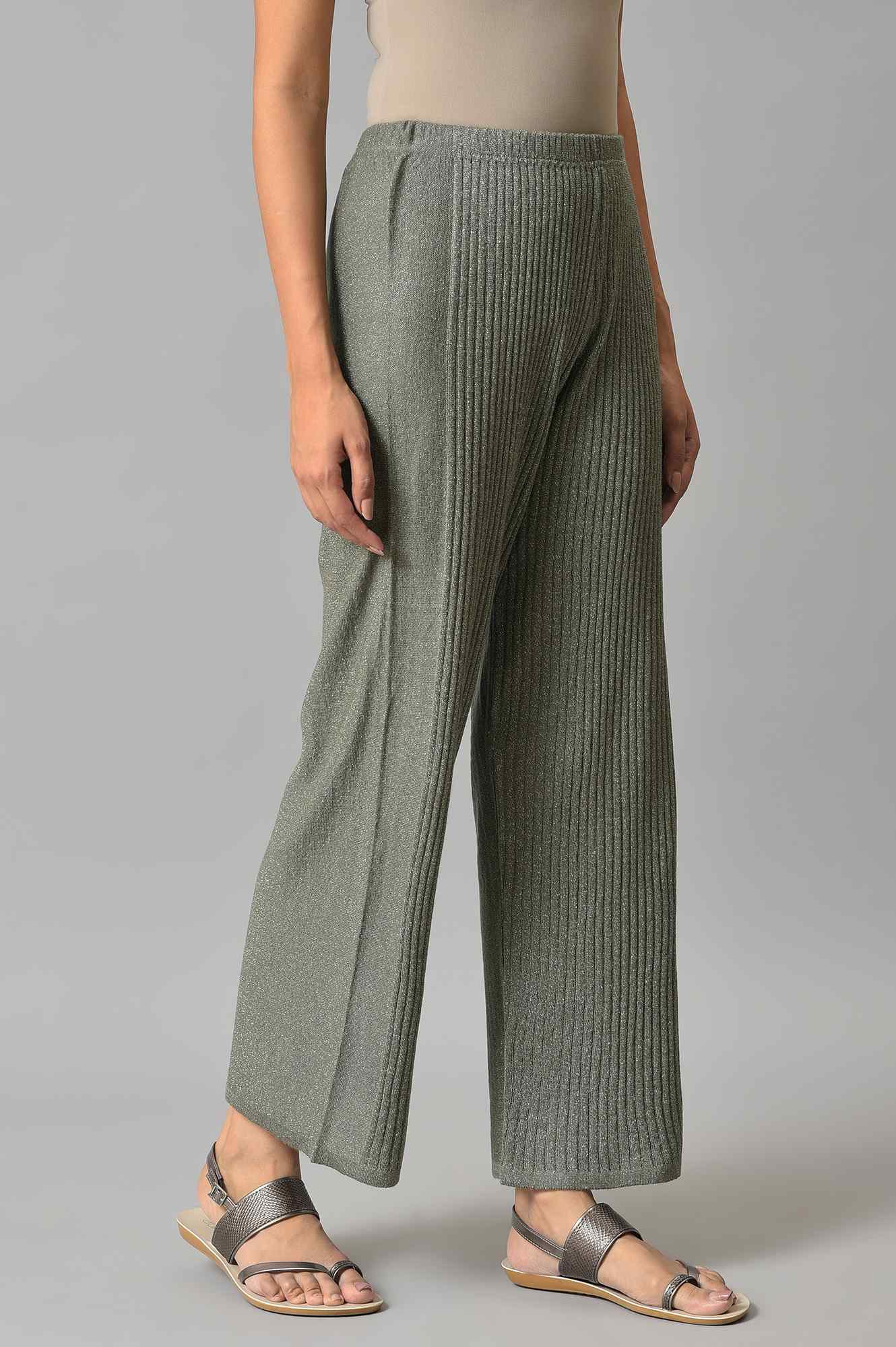 Muted Sage Green Solid Boot Cut Acrylic Palazzo With Elasticated Waist - Image 4