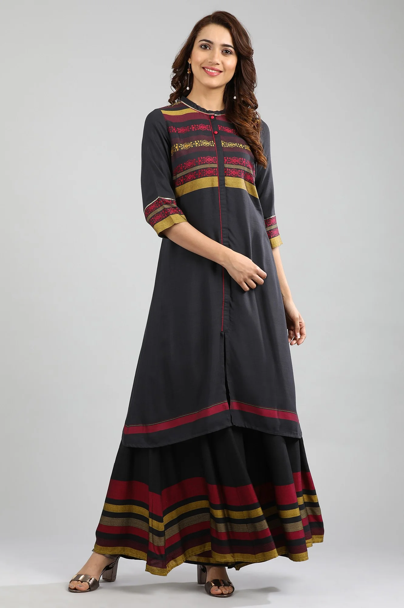 Grey Band Collar Yarn-dyed kurta - Image 2