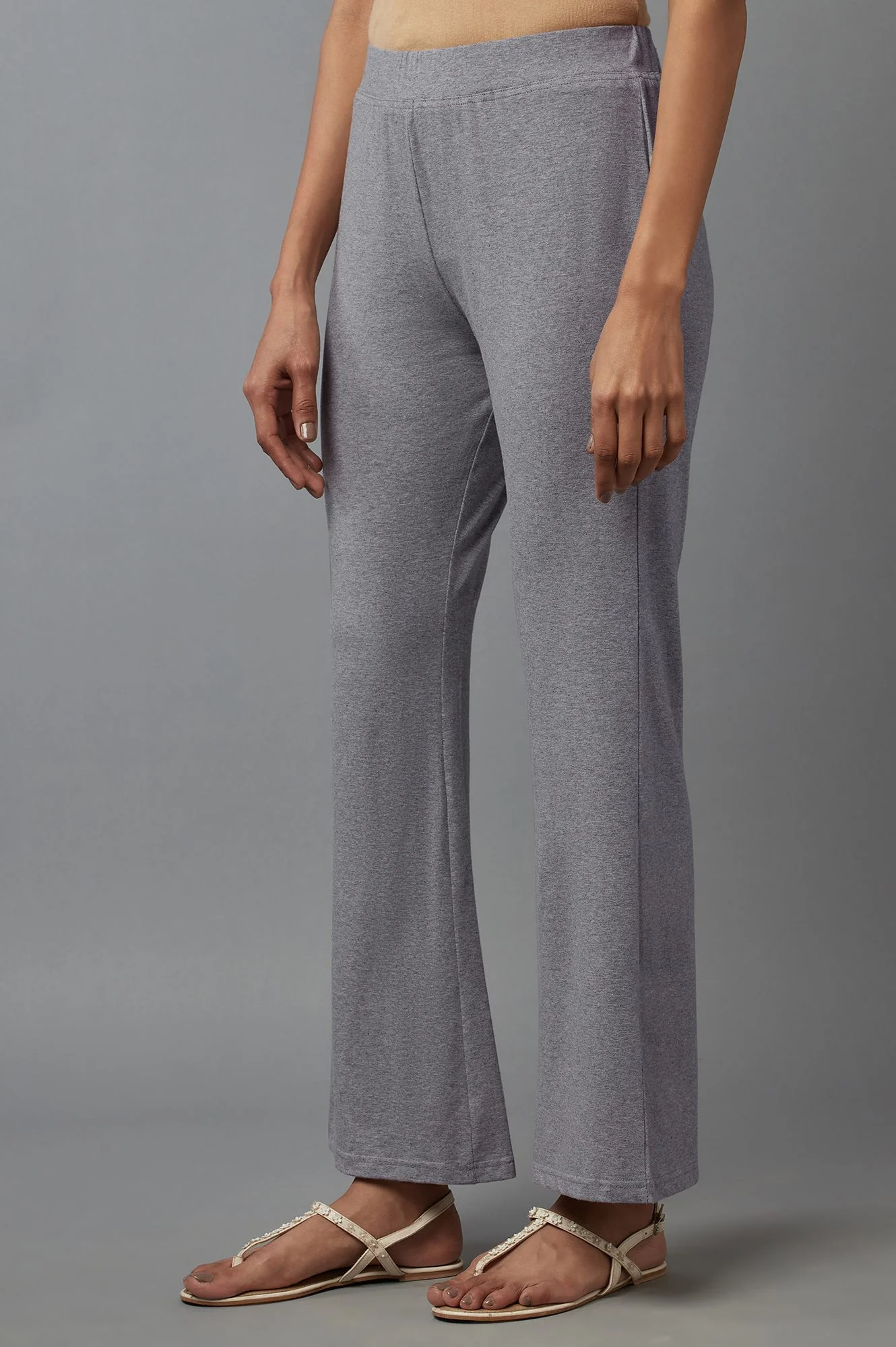 Grey Solid Flared Cotton Pants With Slip On Closure - Image 3