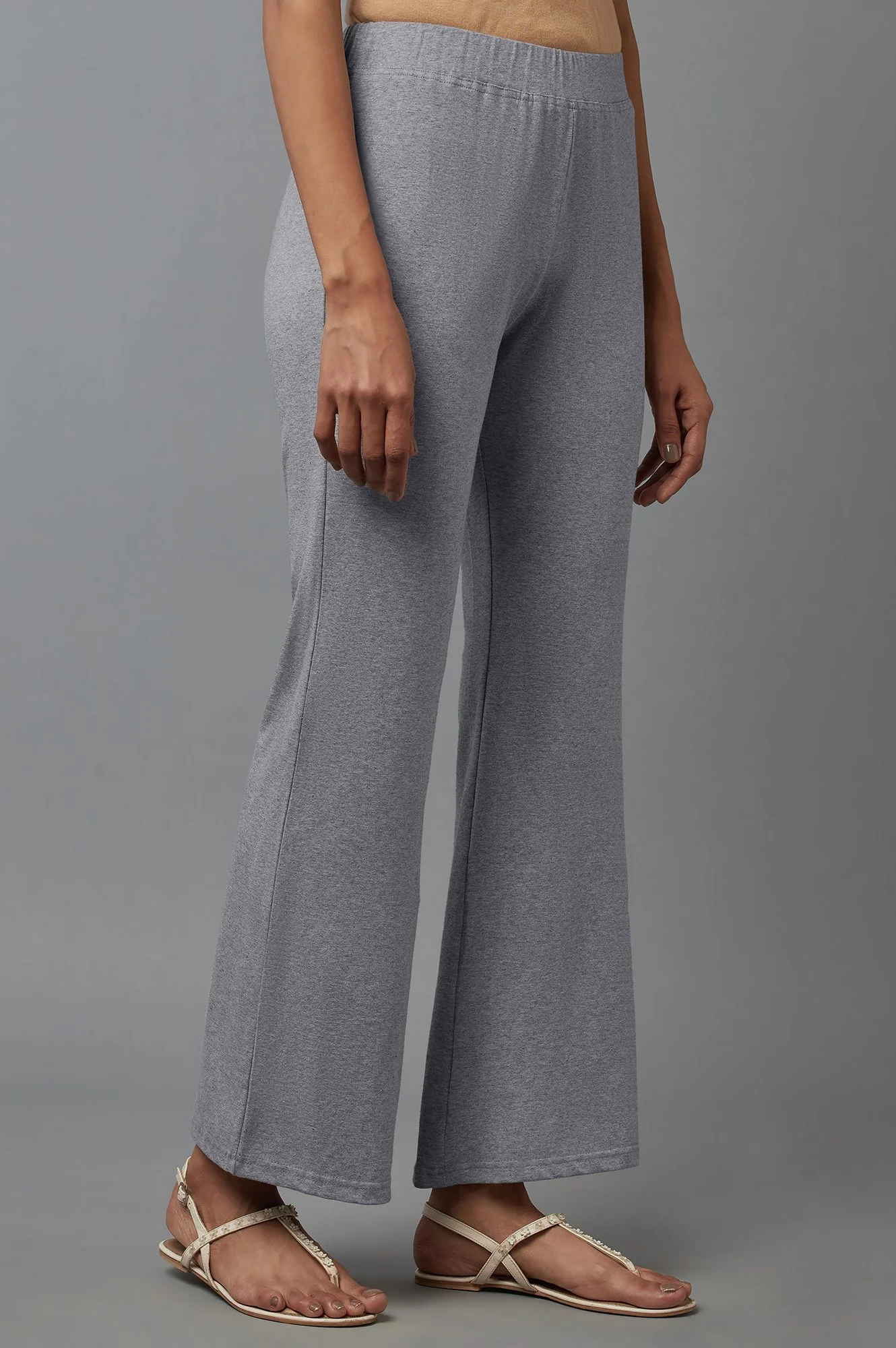 Grey Solid Flared Cotton Pants With Slip On Closure - Image 4