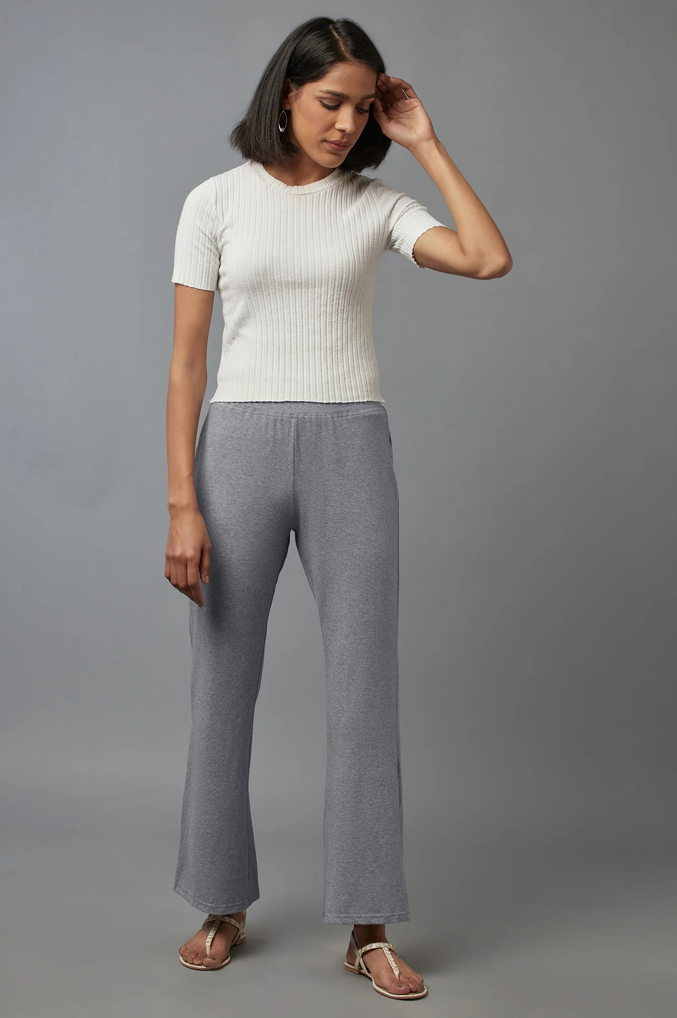 Grey Solid Flared Cotton Pants With Slip On Closure - Image 5