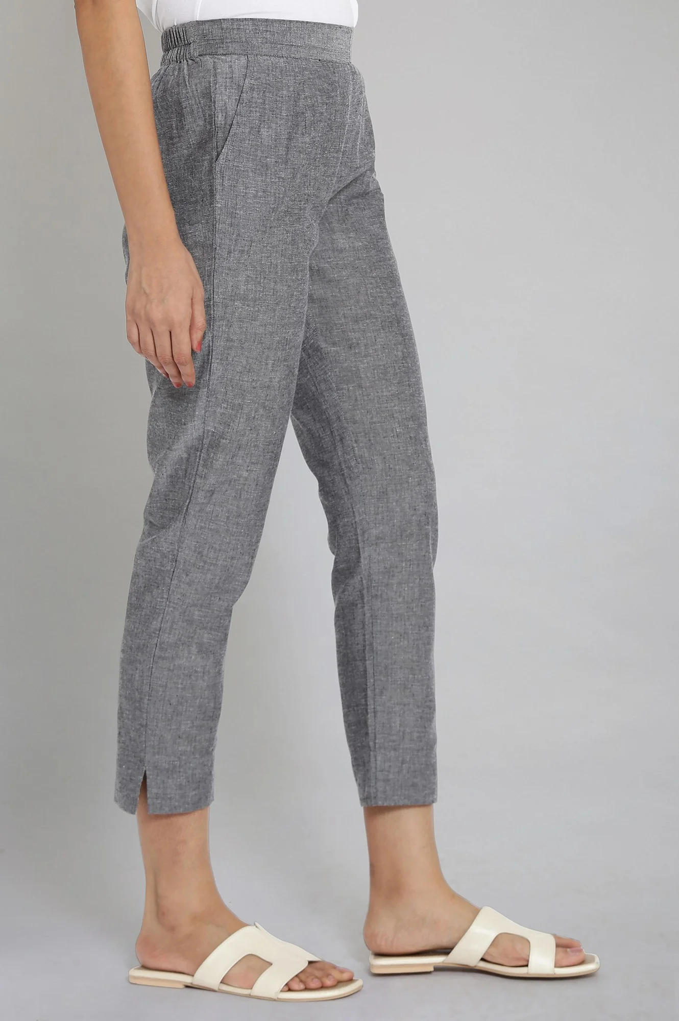 Grey Solid Straight Fit Cotton Trousers With Elasticated Waistband - Image 4