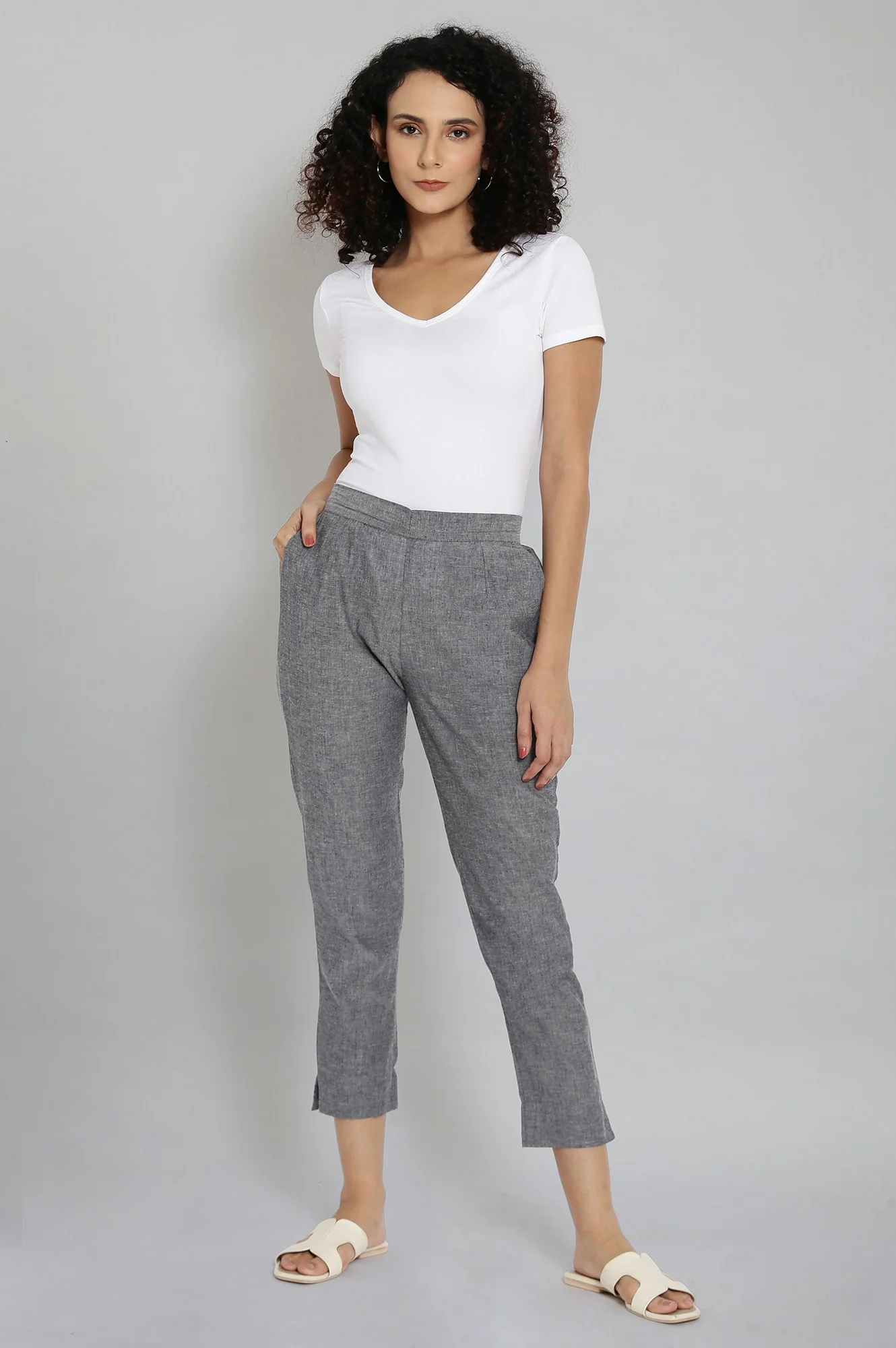Grey Solid Straight Fit Cotton Trousers With Elasticated Waistband - Image 5