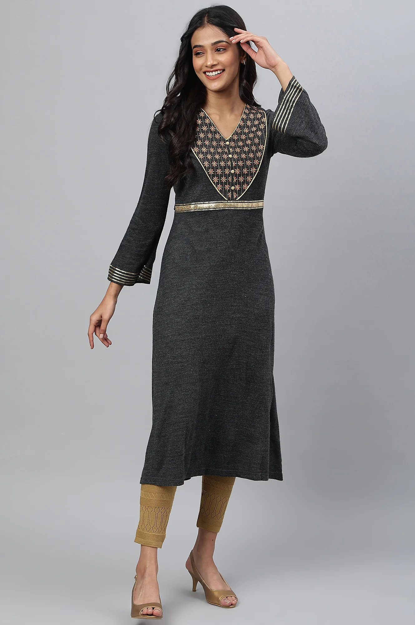 Grey Embroidered A-Line Plus Size Winter Dress - Image 5