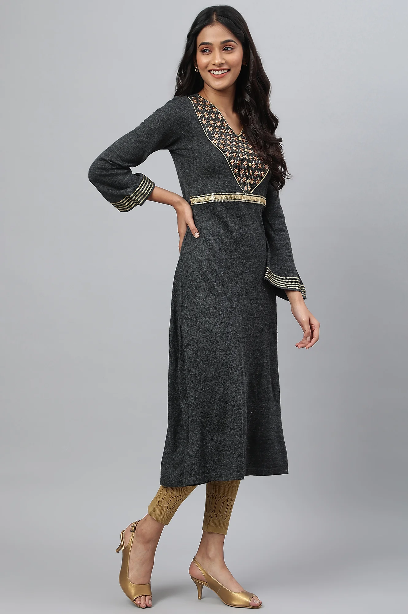 Grey Embroidered A-Line Plus Size Winter Dress - Image 6