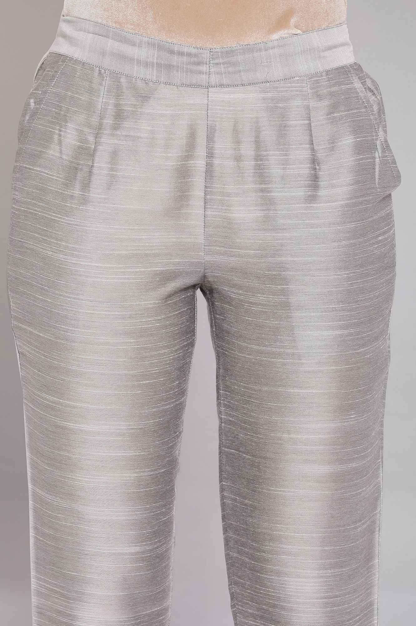 Grey Solid Straight Fit Woven Pants With Elasticated Waist - Image 6