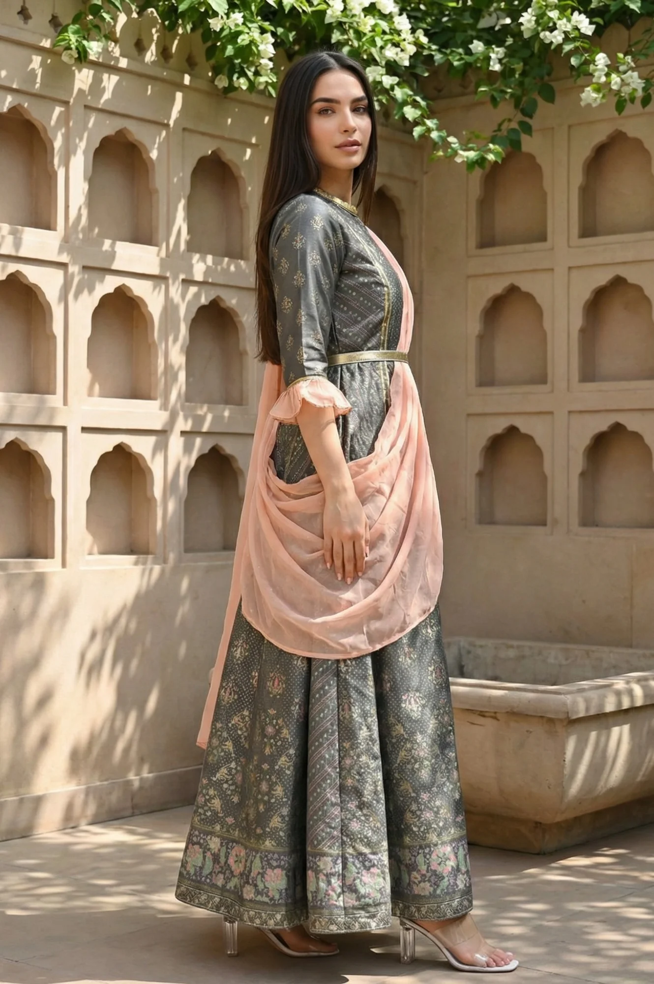 Grey Floral Printed Dress with Peach Drape - Image 5