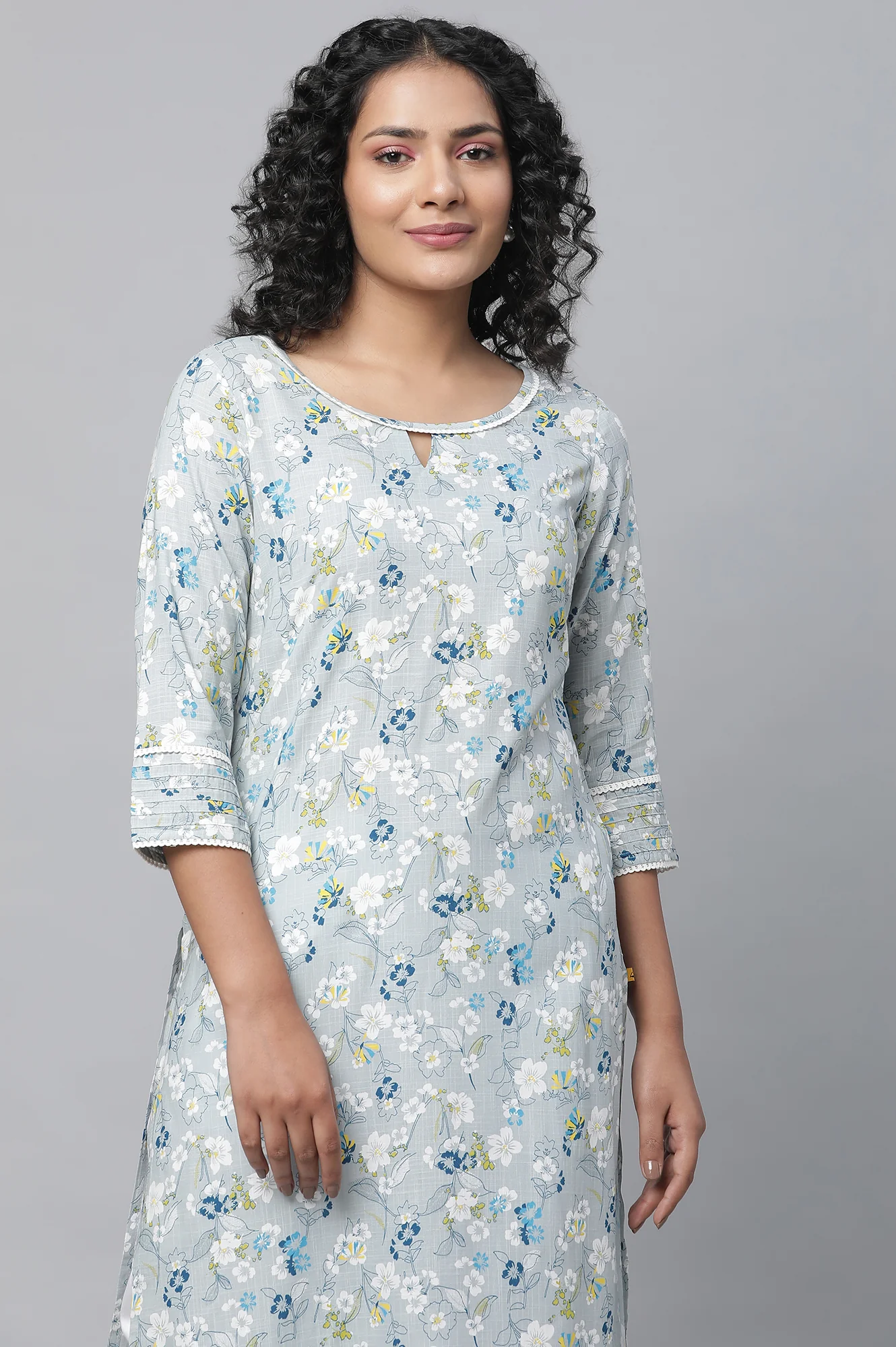 Grey Floral Printed kurta & Palazzo Set - Image 6