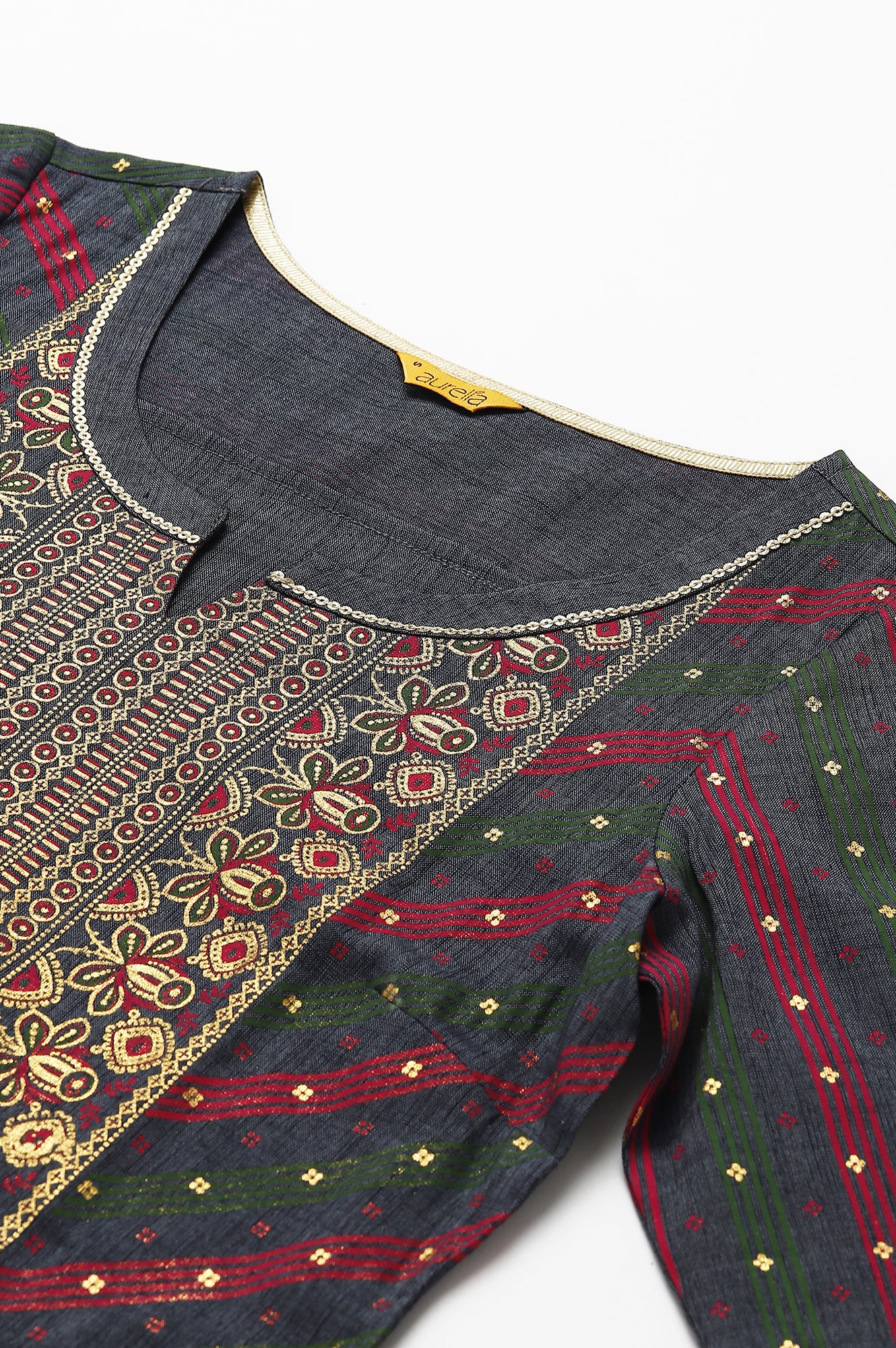 Grey Floral Printed Sequined Ethnic kurta - Image 2