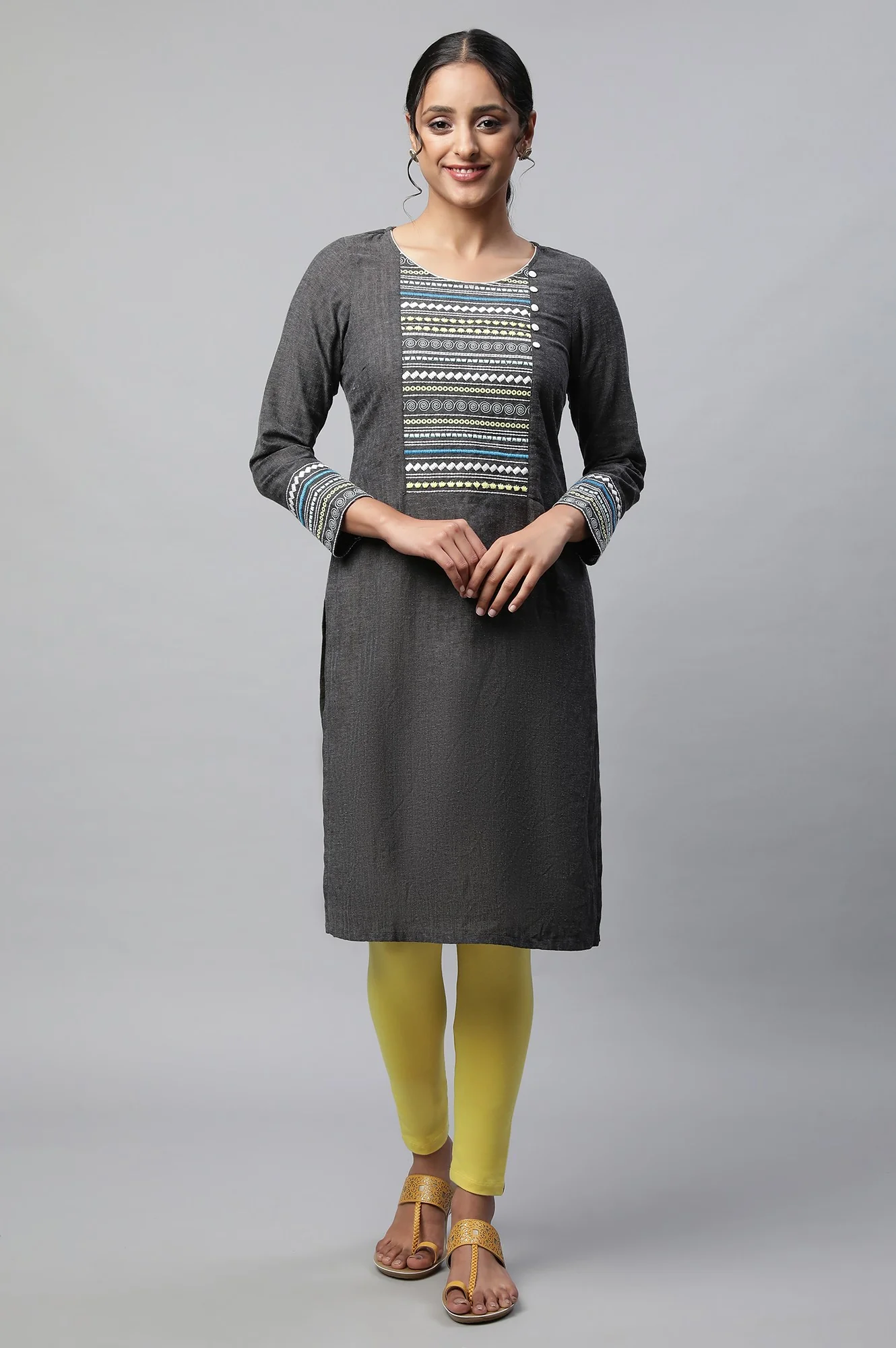 Grey Linen Textured Cotton Kurta - Image 5