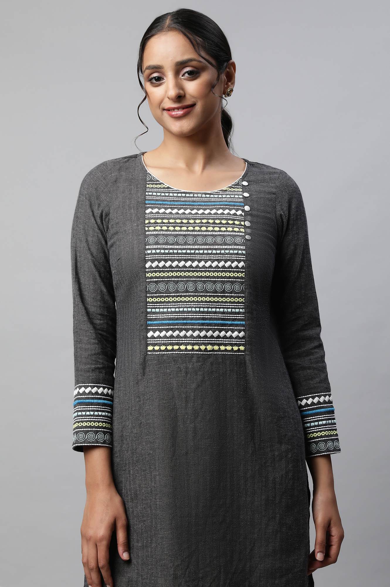 Grey Linen Textured Cotton Kurta - Image 6