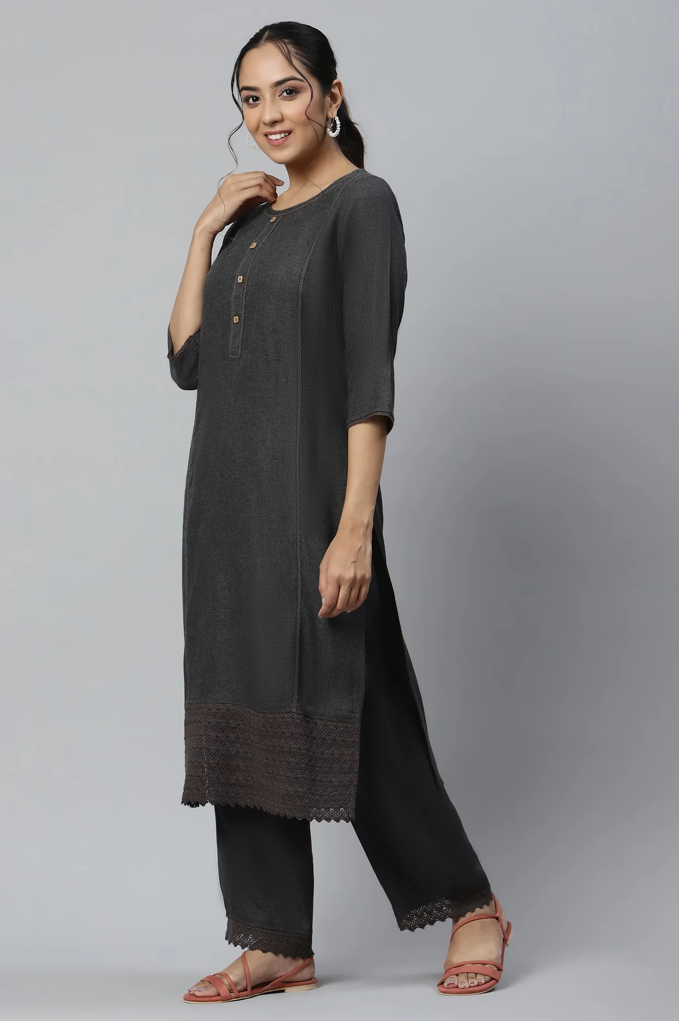 Grey Round Neck Straight kurta and Palazzo Co-ord Set - Image 3