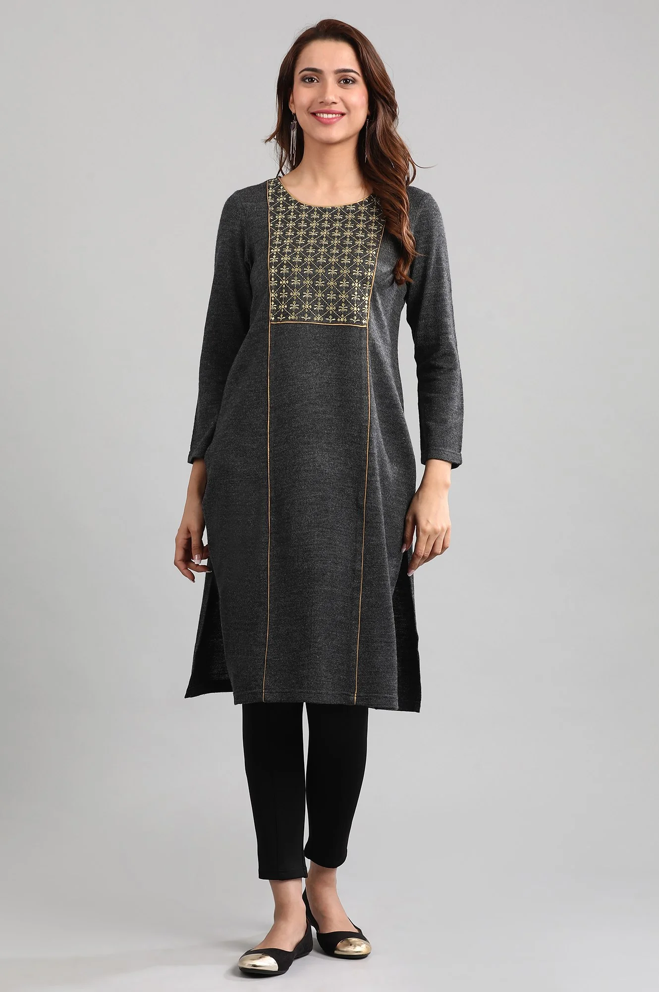 Grey Round Neck Winter kurta - Image 2