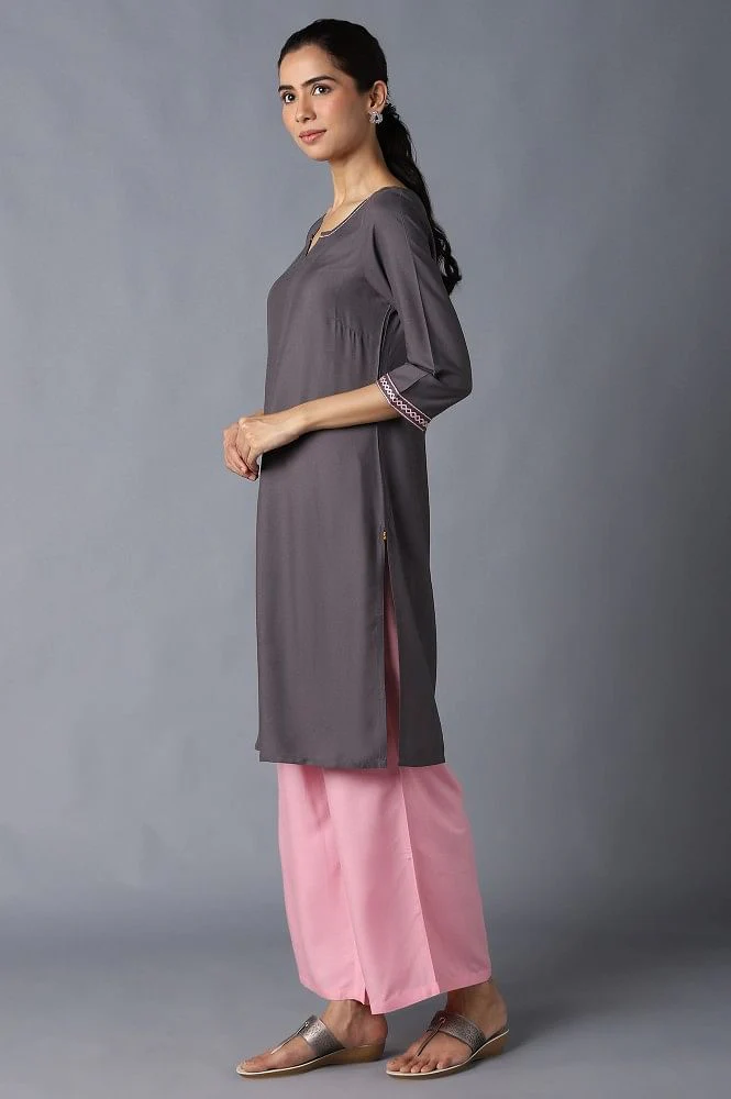 Aure Collection By Aurelia Grey Solid Ethnic kurta With Light Pink Straight Palazzo - Image 3