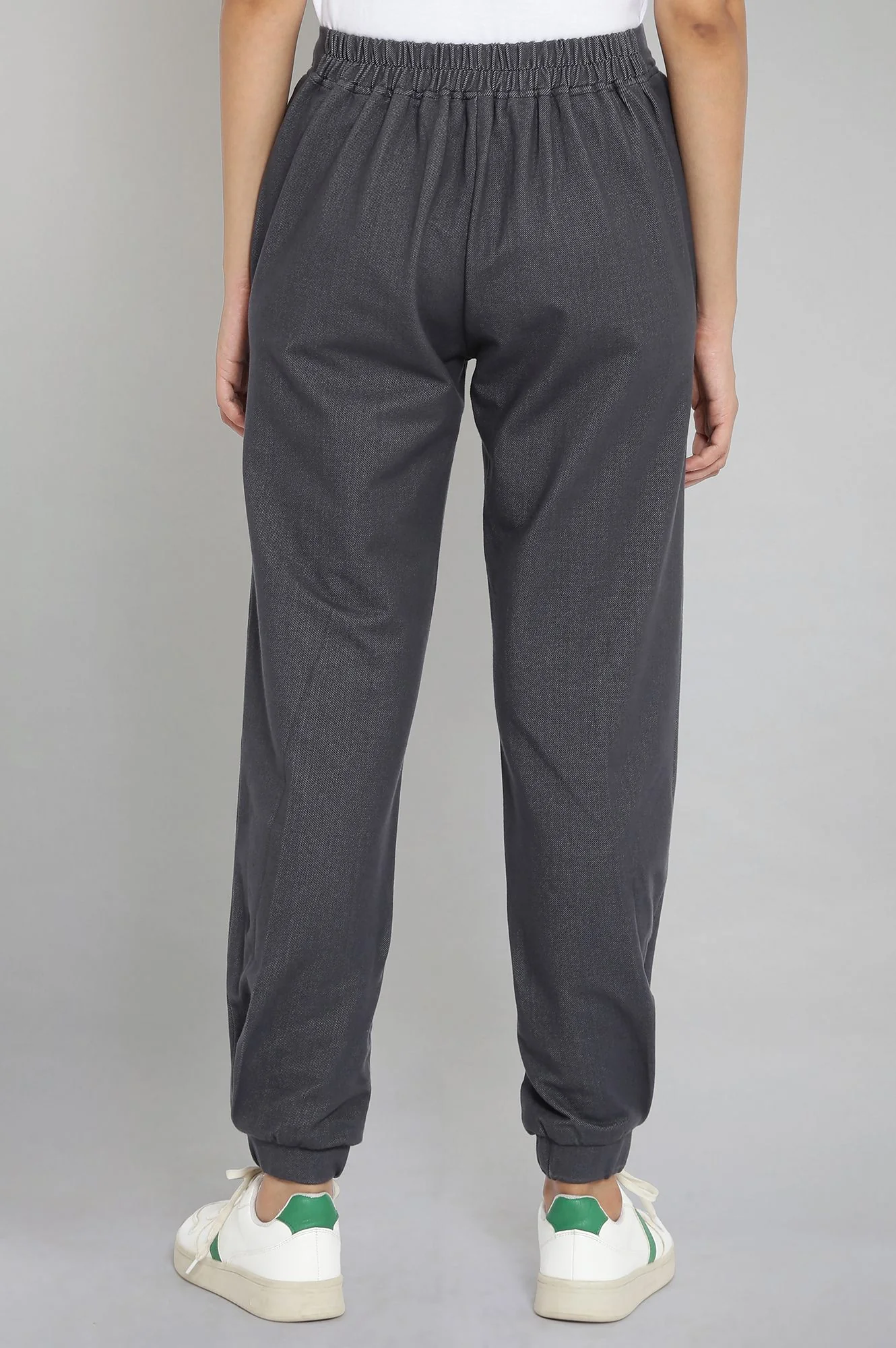 Grey Solid Tapered Cotton Joggers With Elasticated Waist - Image 2
