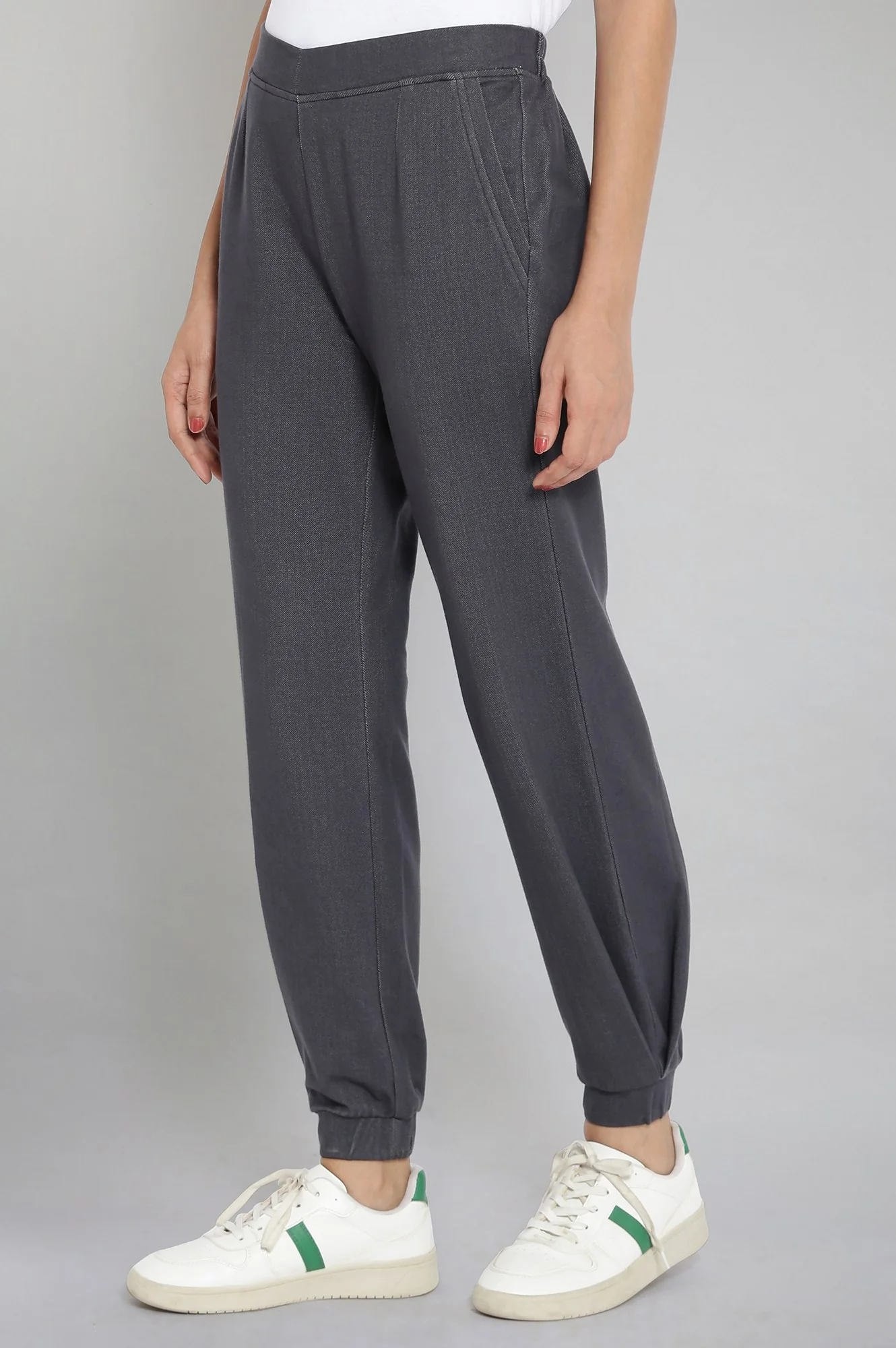 Grey Solid Tapered Cotton Joggers With Elasticated Waist - Image 3