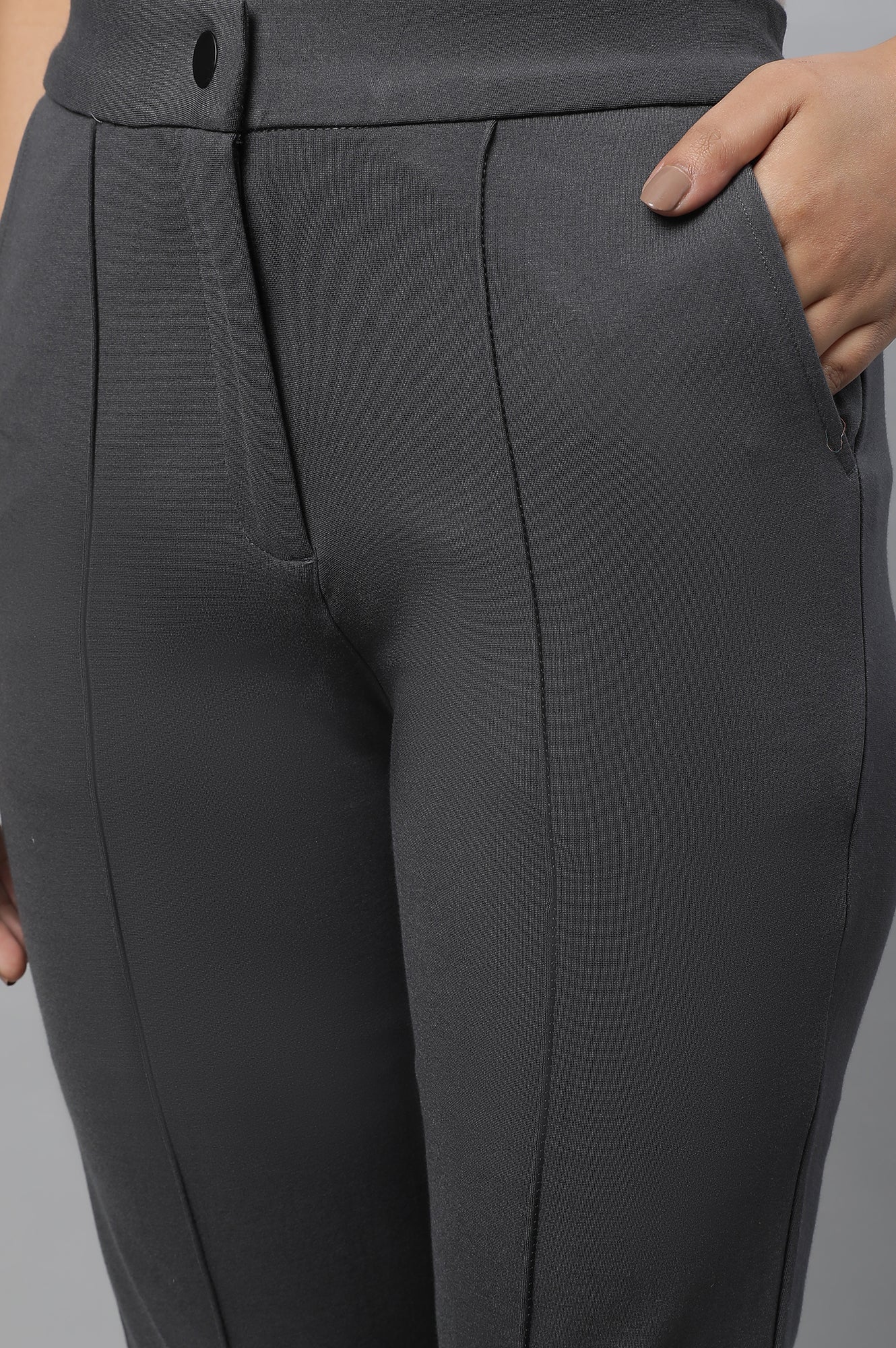 Grey Solid Straight Fit Trousers With Pintuck Detail - Image 7