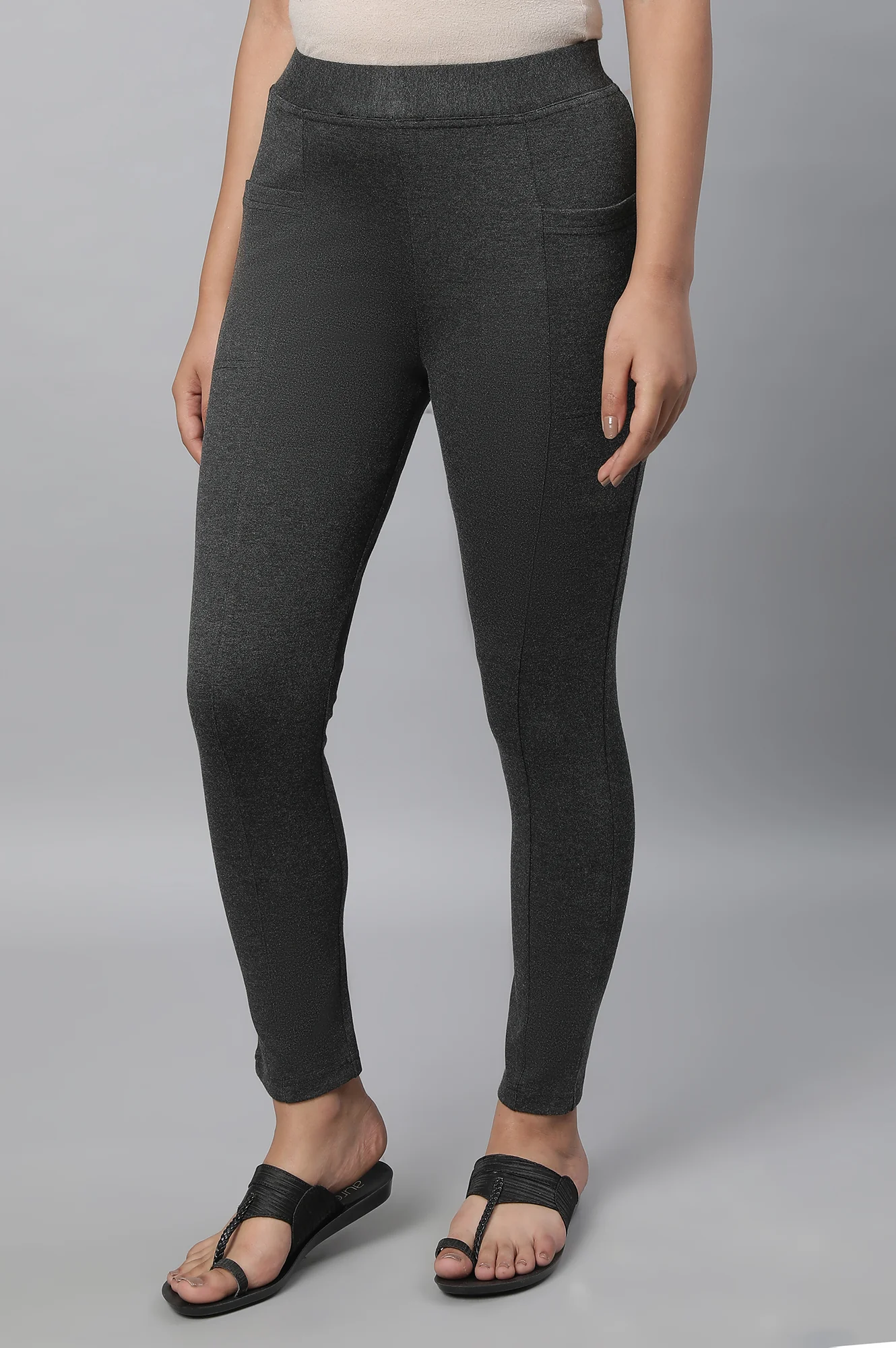 Grey Solid Skinny Fit Tights With Elasticated Waistband - Image 3