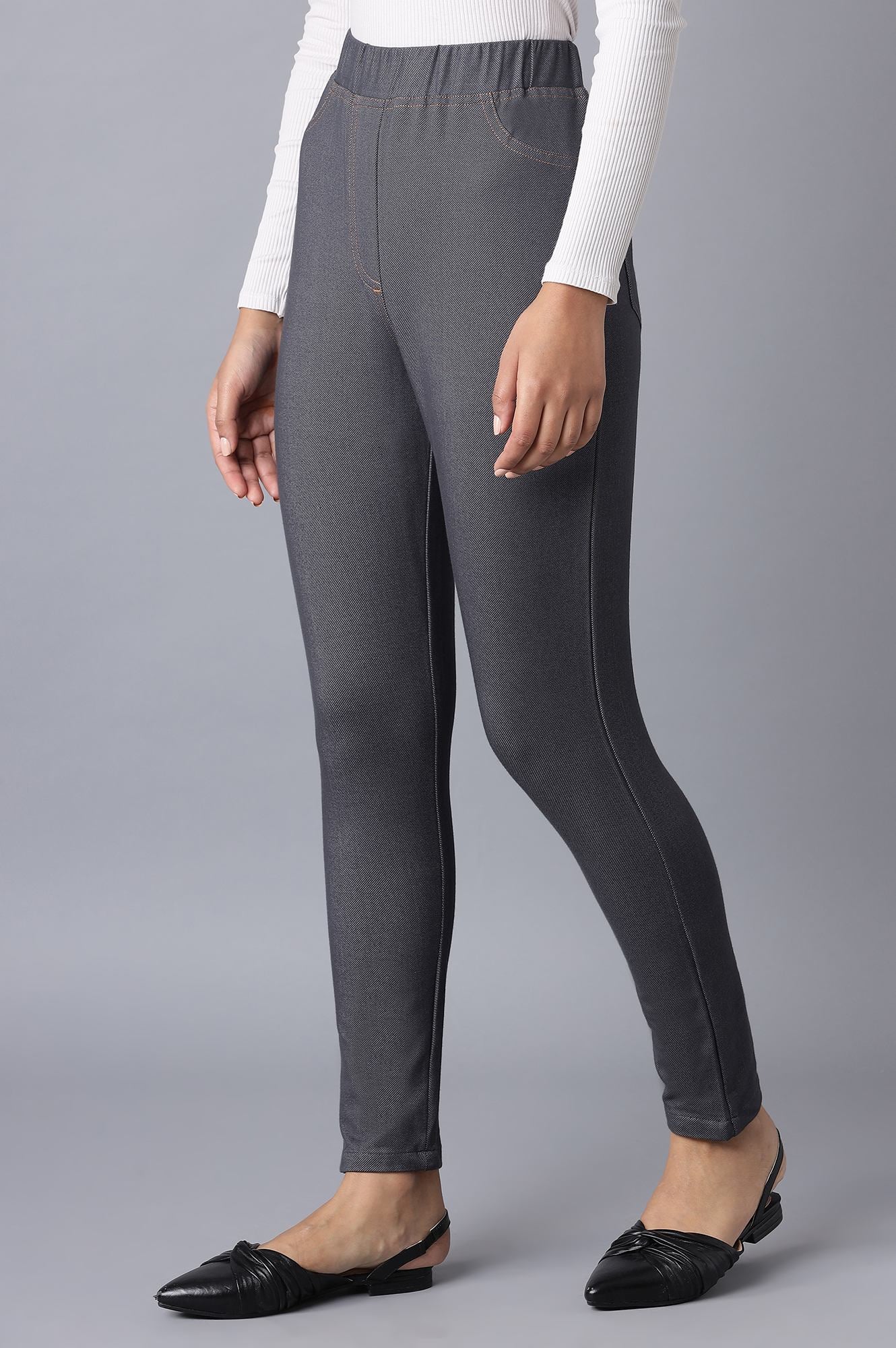 Grey Solid Skinny Fit Cotton Jeggings With Elasticated Waist - Image 3