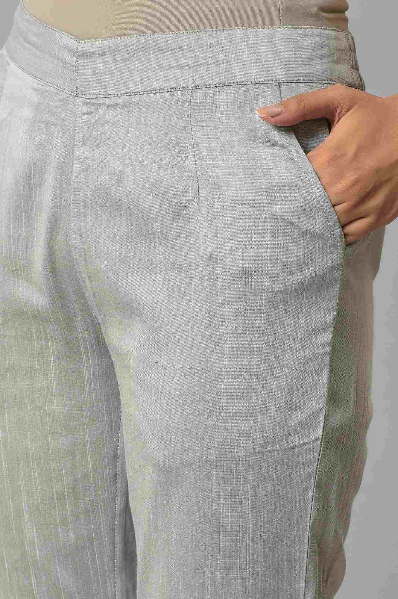 Grey Floral Embroidered Straight Fit Woven Pants With Elasticated Waist - Image 7