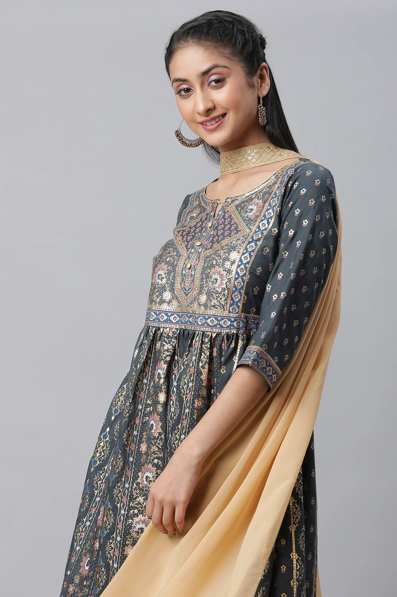 Grey Zari Embroidered Flared kurta, Tights & Dupatta Set - Image 6
