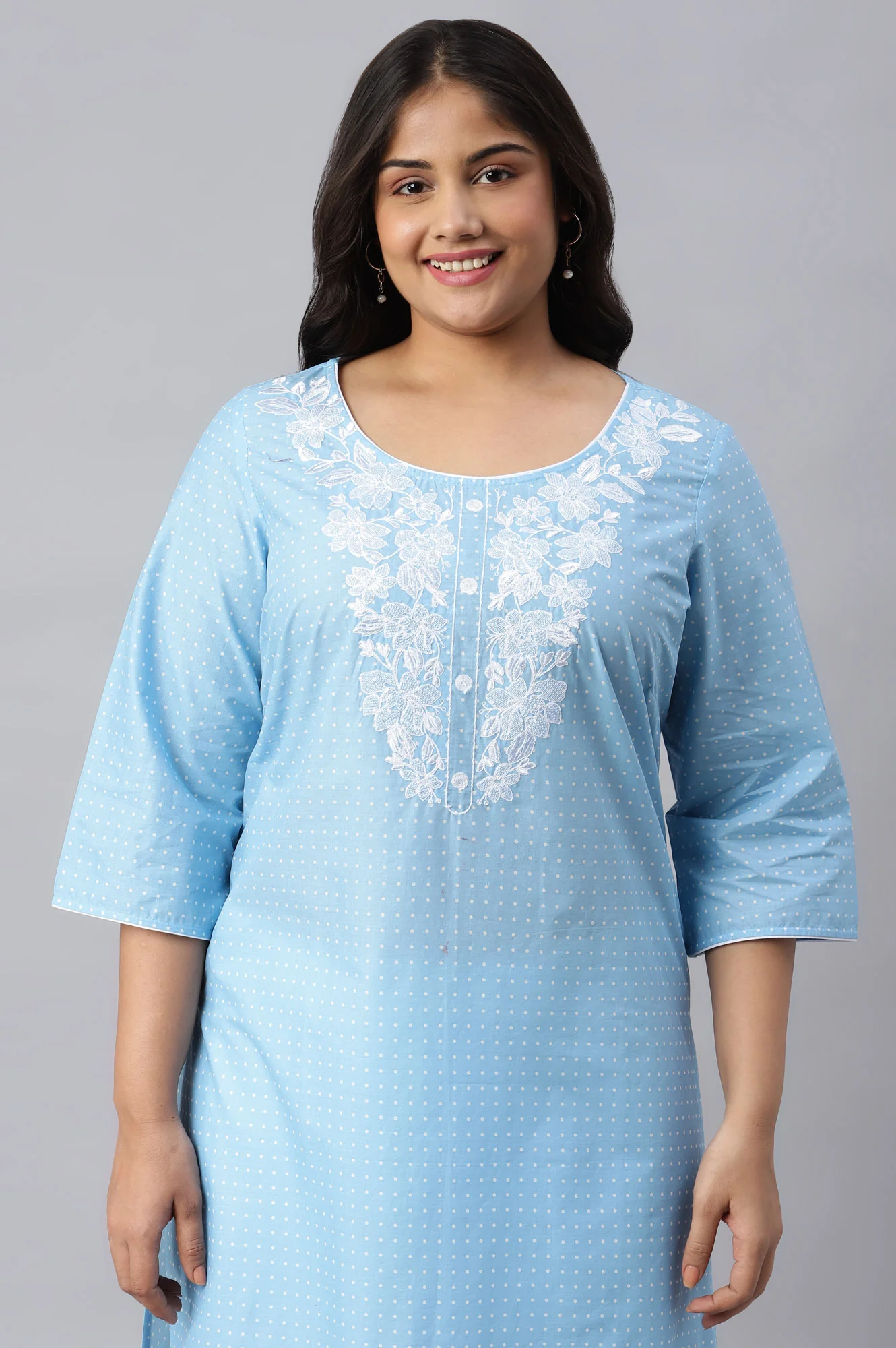 Ice Blue Yarn-Dyed Mandarin Collar Plus Size kurta - Image 5