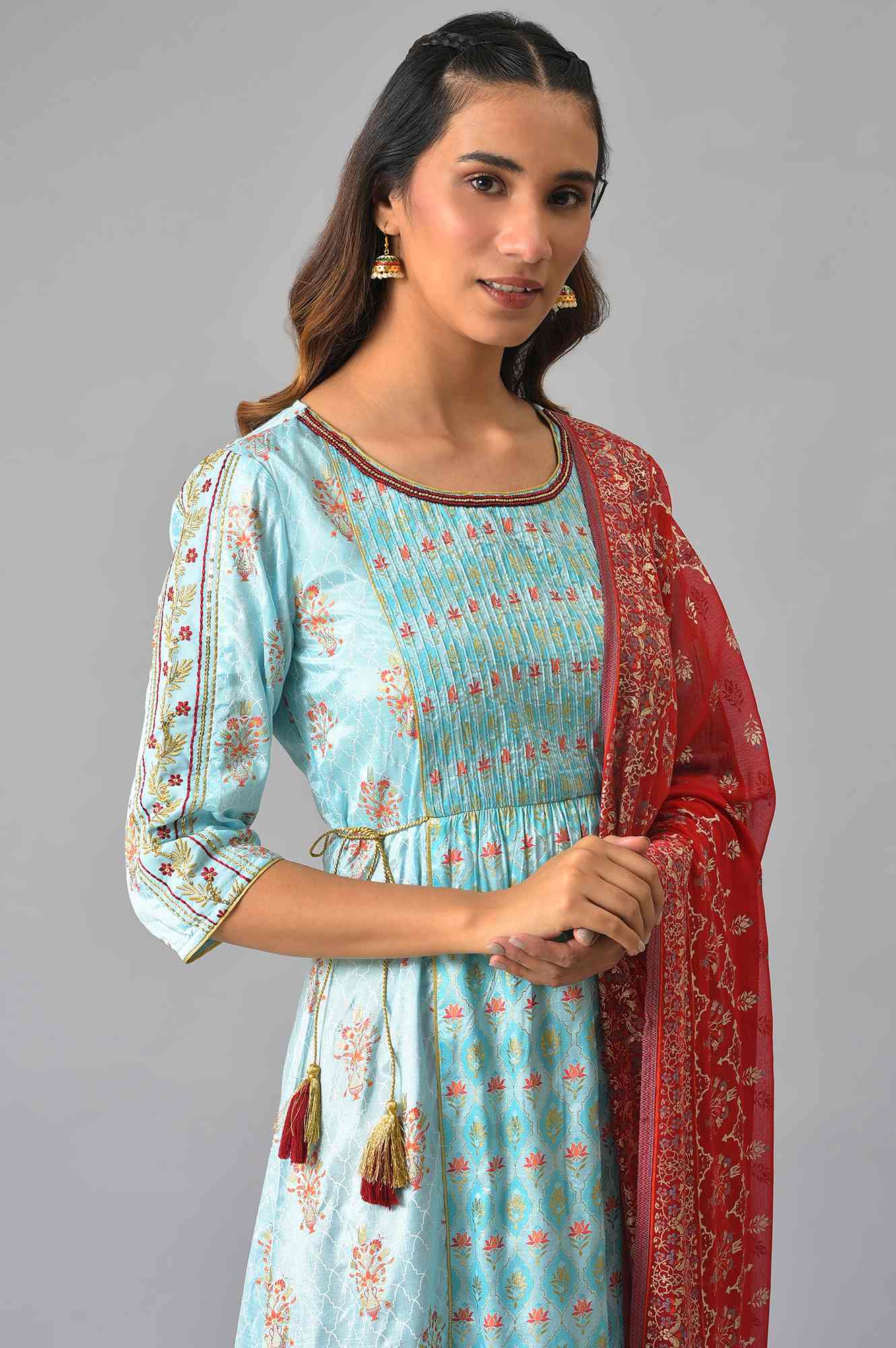 LIVA Blue A-line Embellished Kurta with Red Trousers and Dupatta - Image 5