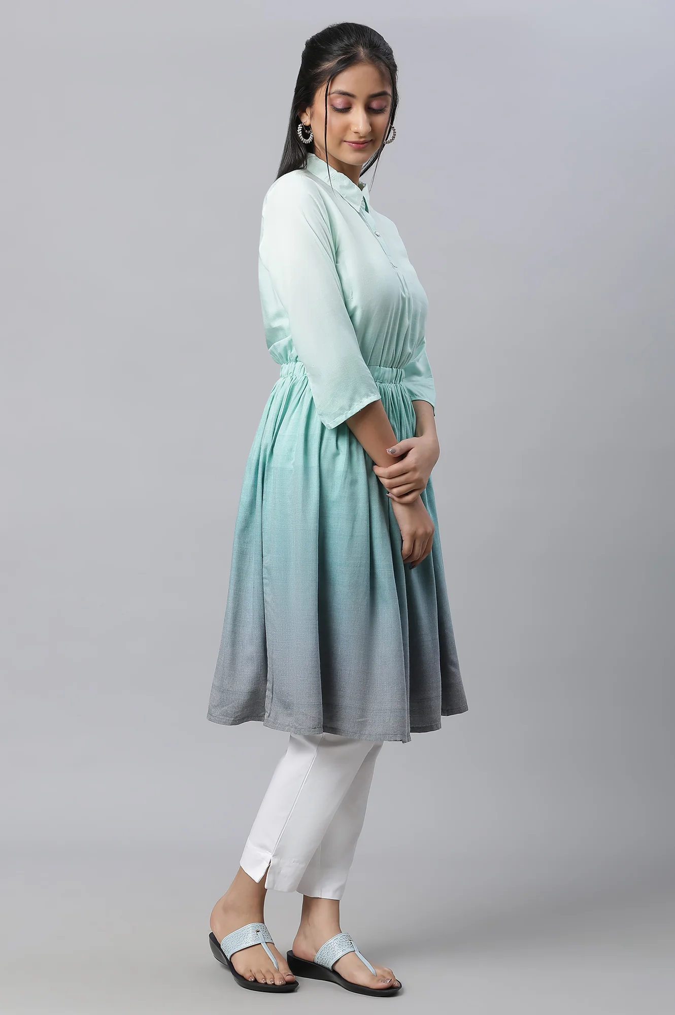 Lichen Blue A-Line Gathered kurta - Image 3