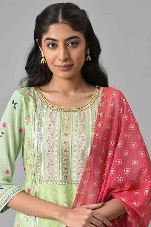 Lime Green LIVA kurta with Pink Printed Palazzo and Dupatta - Image 5