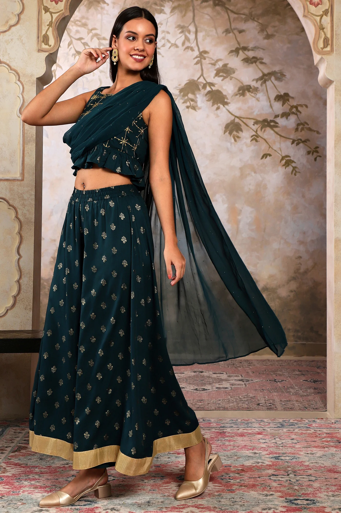 Liva Blue Crop Top With Attached Dupatta And Semi Flared Palazzo Set - Image 5