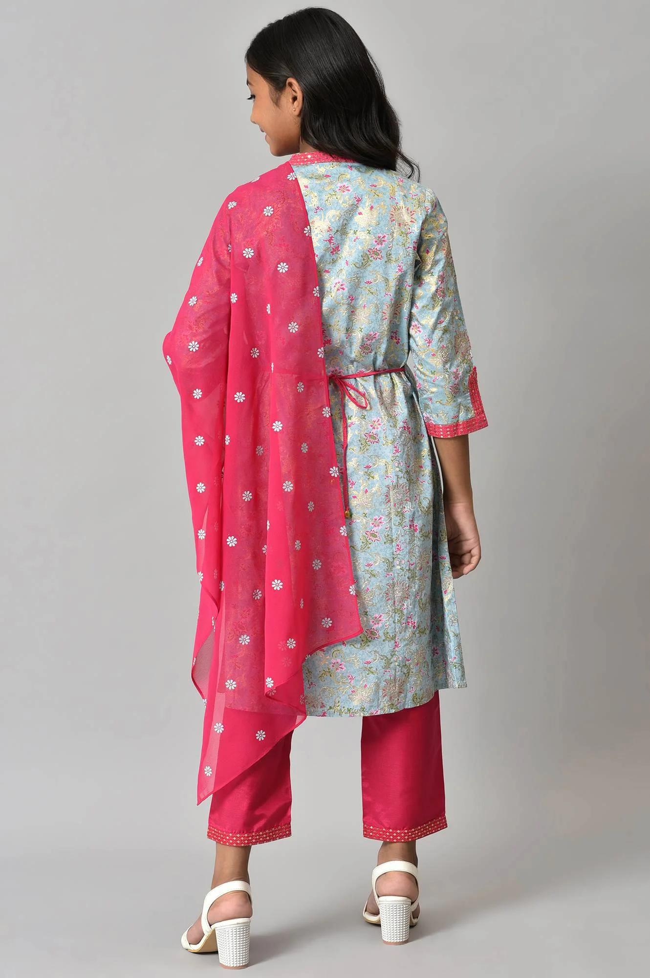 LIVA Girls Blue Embroidered kurta with Pink Palazzo and Dupatta - Image 2
