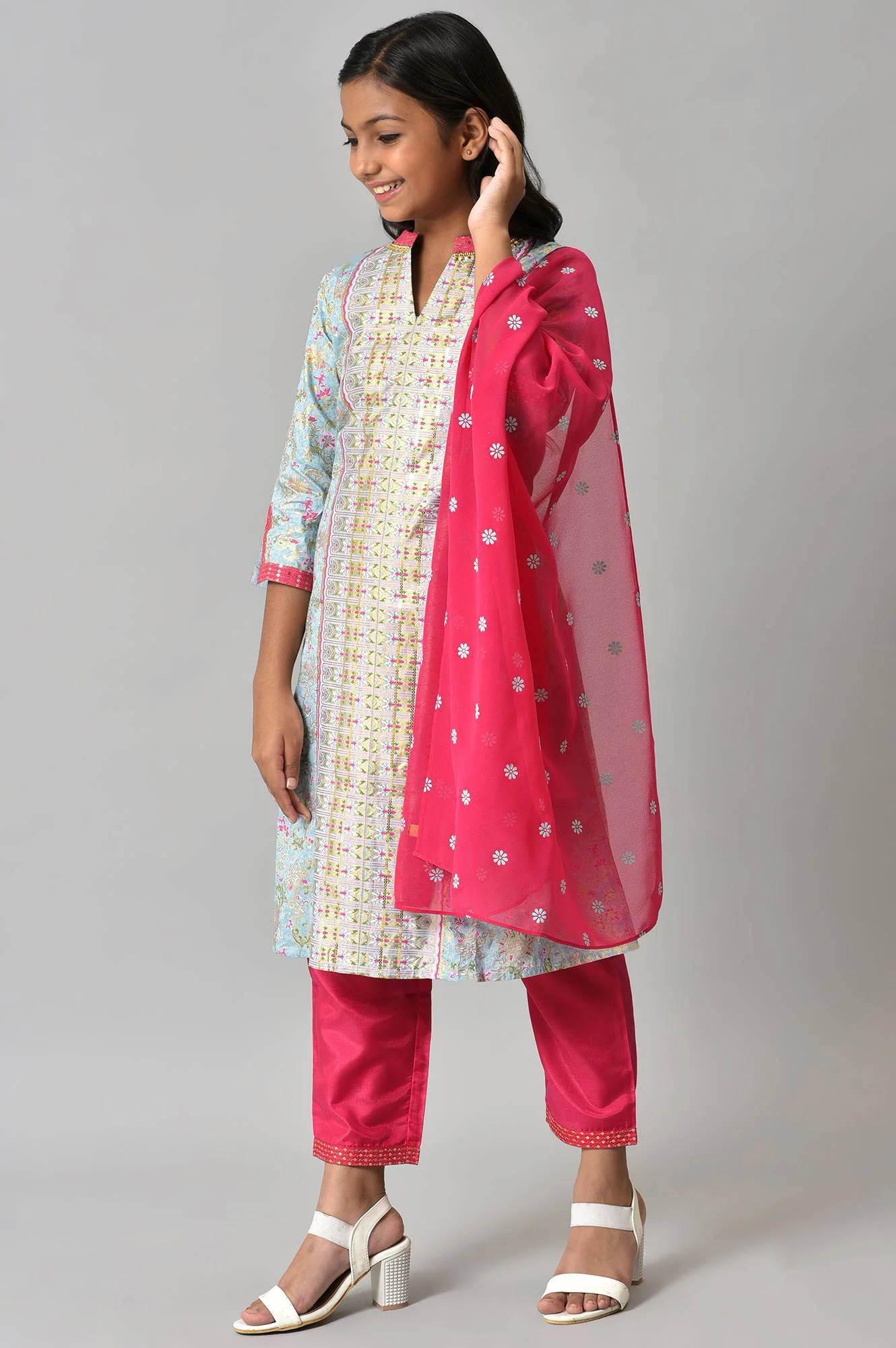 LIVA Girls Blue Embroidered kurta with Pink Palazzo and Dupatta - Image 3