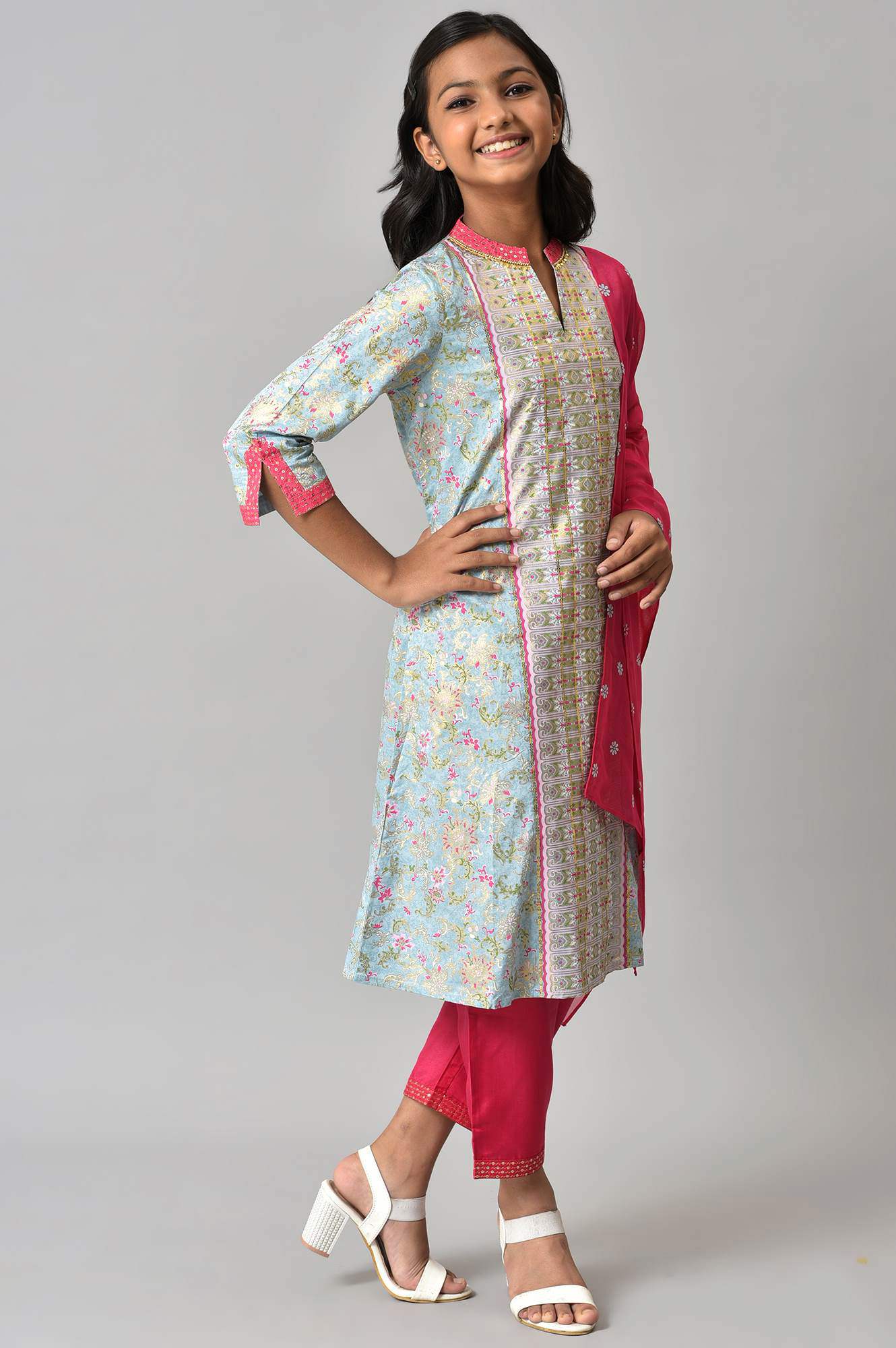 LIVA Girls Blue Embroidered kurta with Pink Palazzo and Dupatta - Image 4