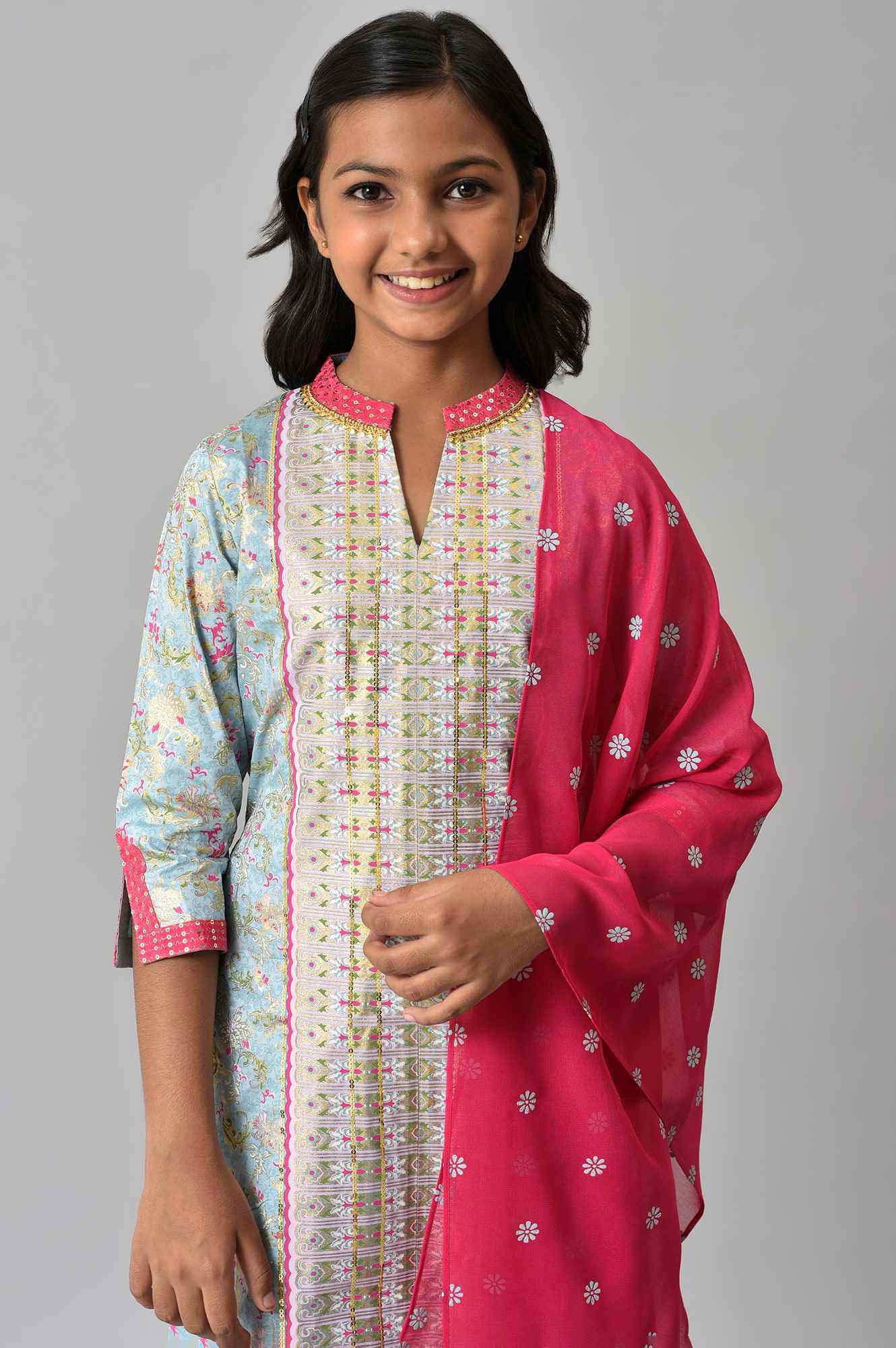 LIVA Girls Blue Embroidered kurta with Pink Palazzo and Dupatta - Image 5