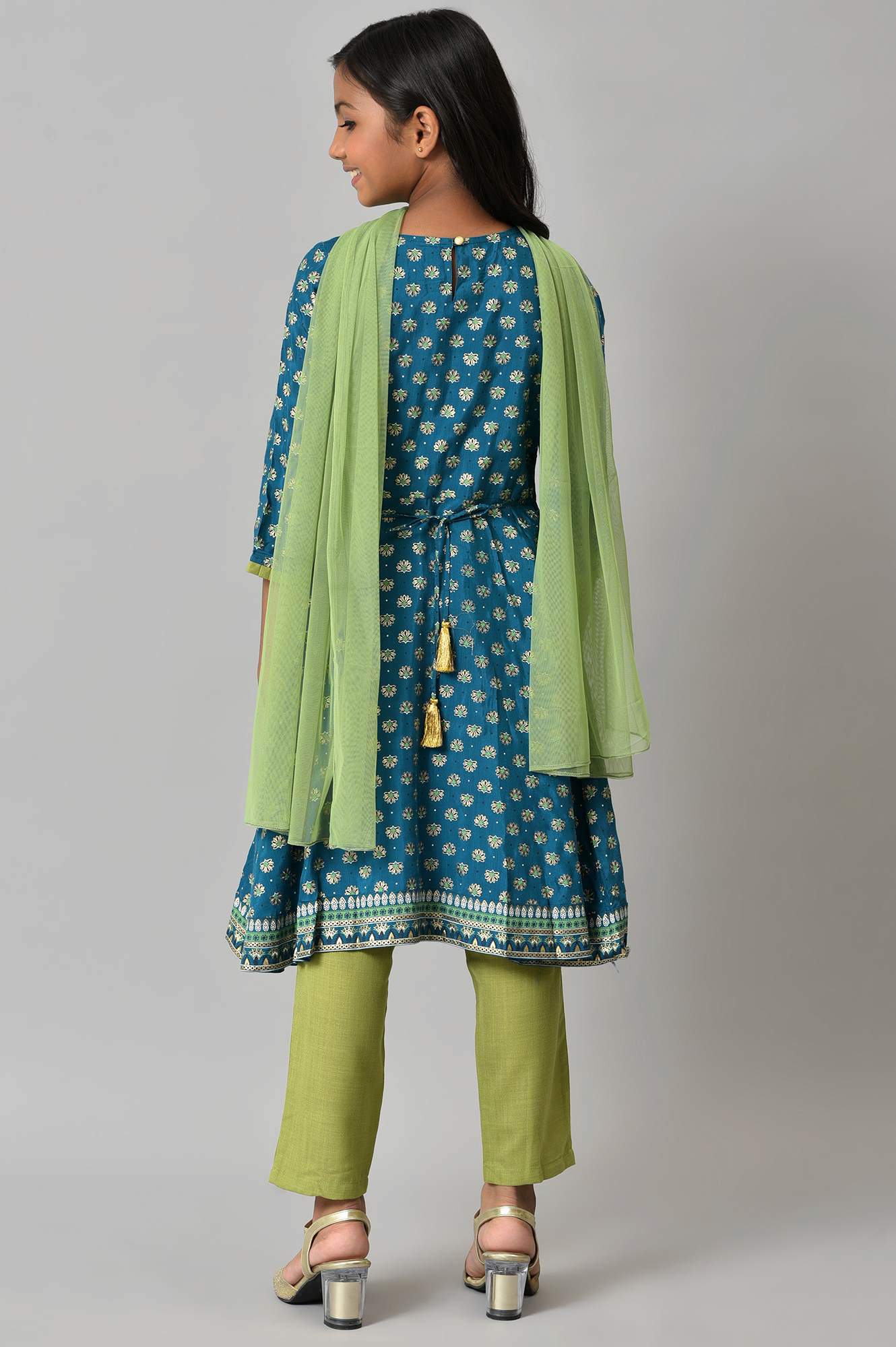 LIVA Girls Blue Floral Printed kurta with Green Trousers and Dupatta - Image 2