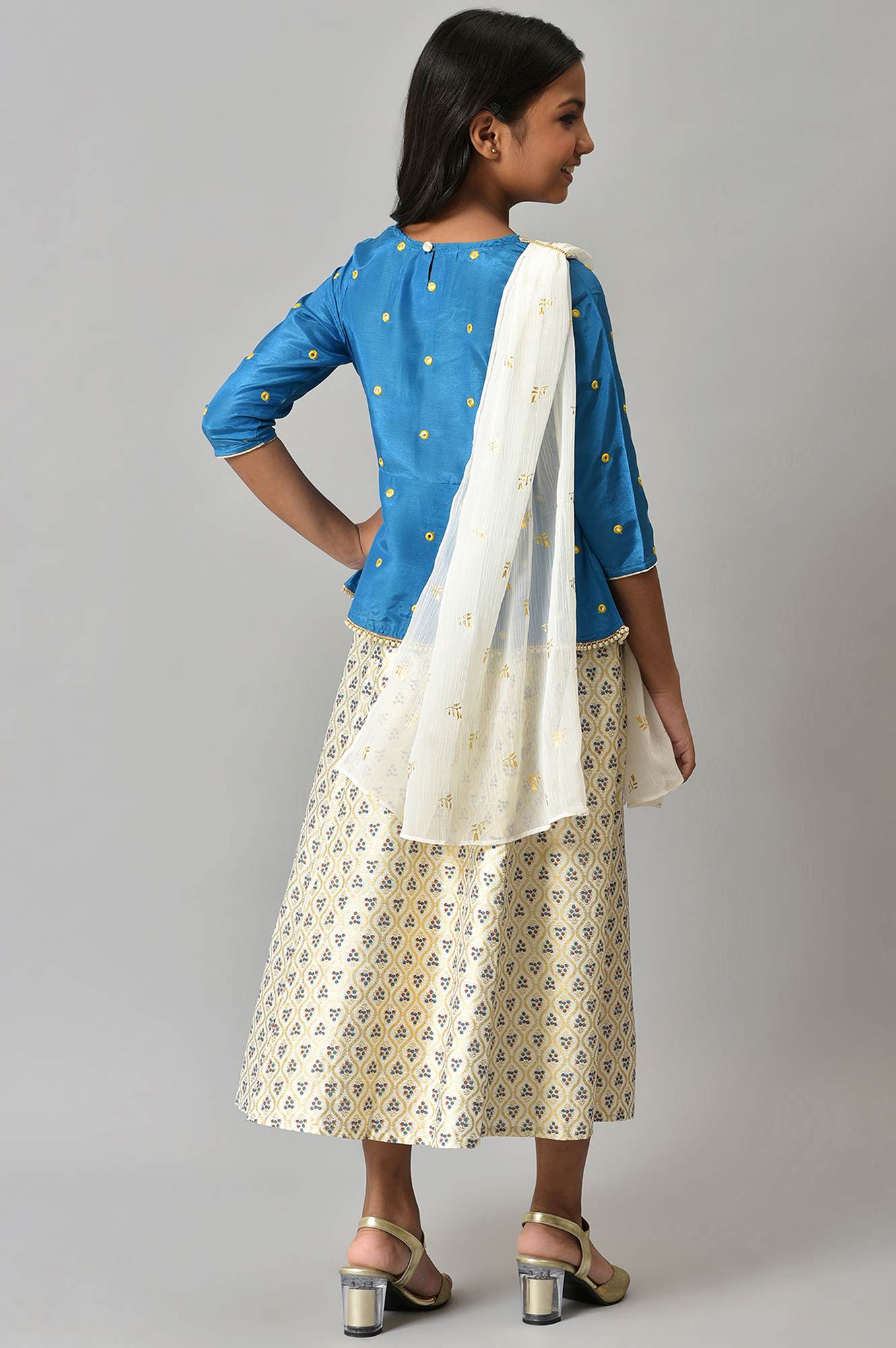 LIVA Girls Mirror Embroidered Top with White Skirt and Dupatta - Image 2