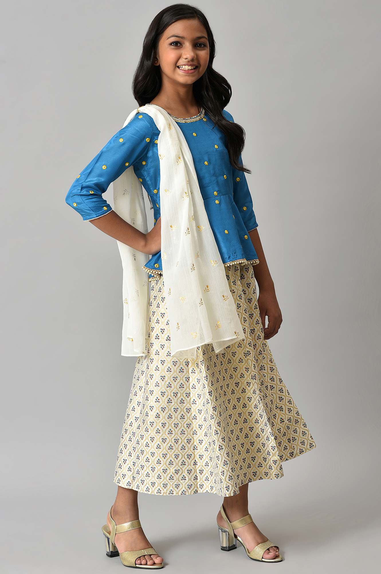 LIVA Girls Mirror Embroidered Top with White Skirt and Dupatta - Image 4