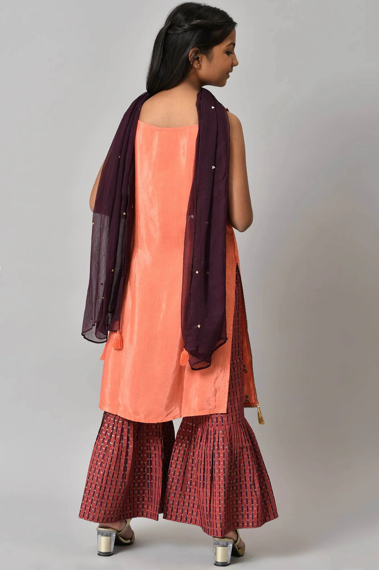 LIVA Girls Orange Embroidered kurta with Purple Sharar and Dupatta - Image 2