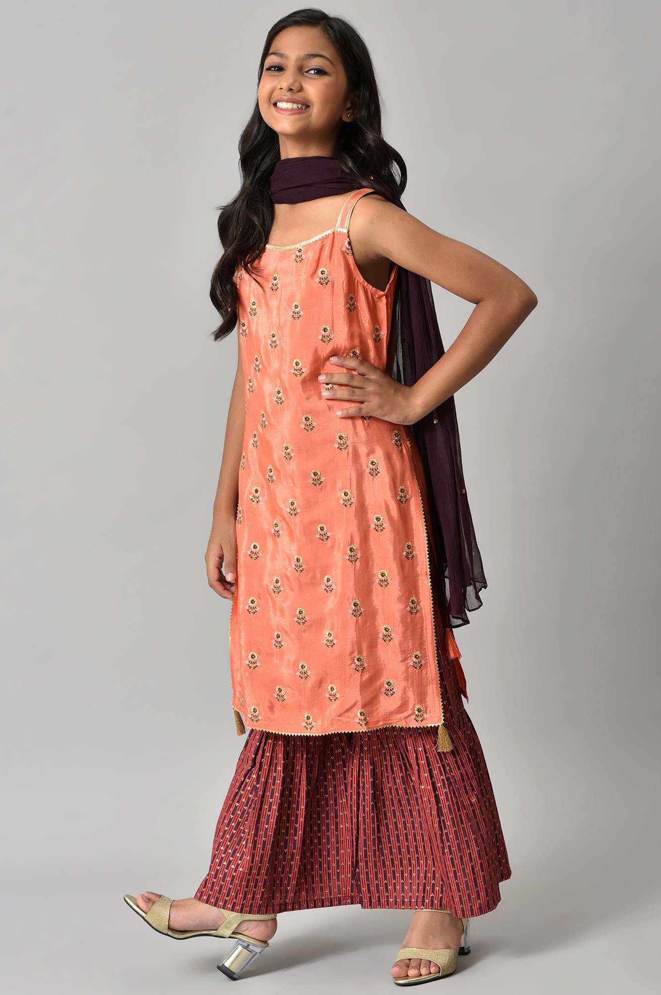 LIVA Girls Orange Embroidered kurta with Purple Sharar and Dupatta - Image 3